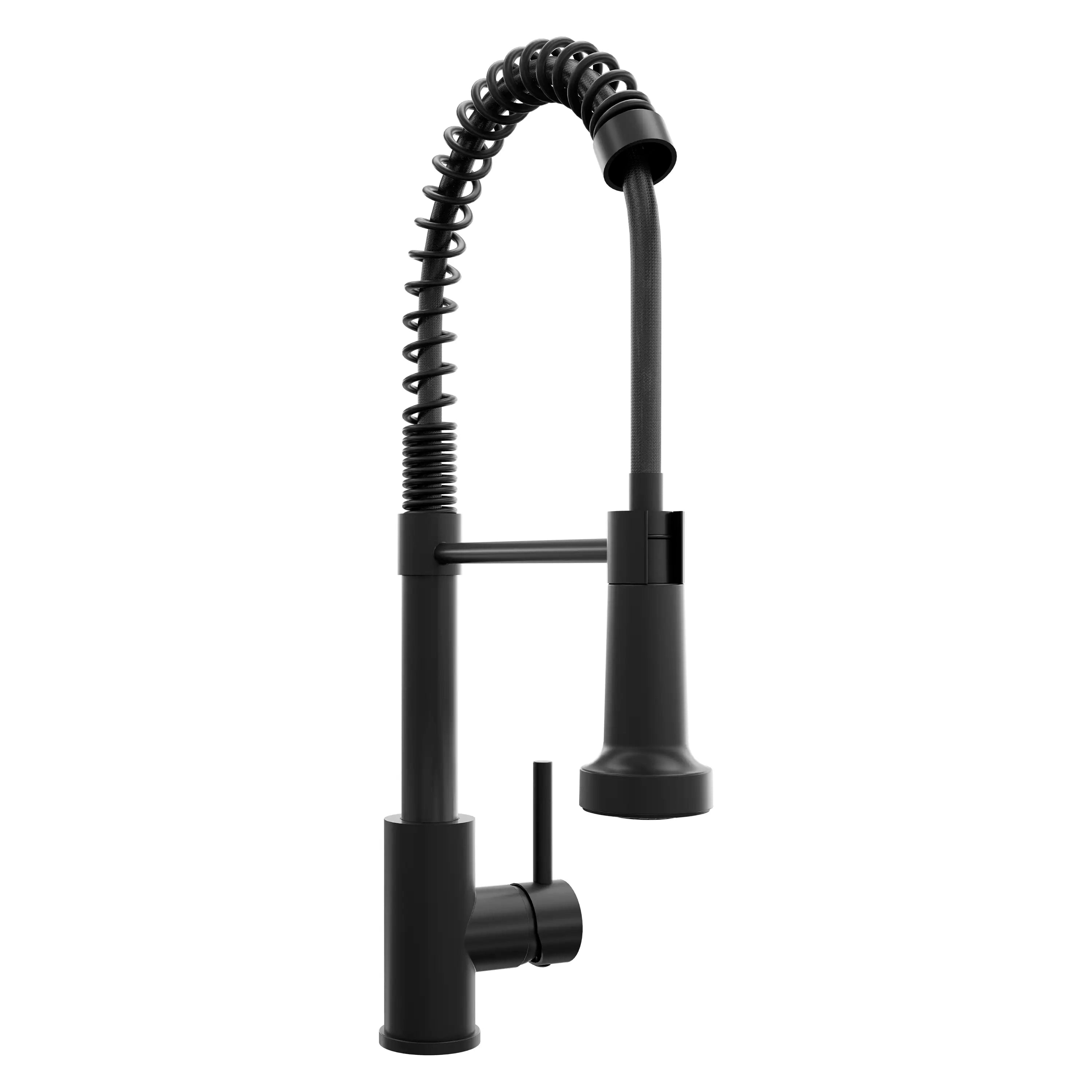 Matte black pull-down kitchen faucet with spring hose and side control handle