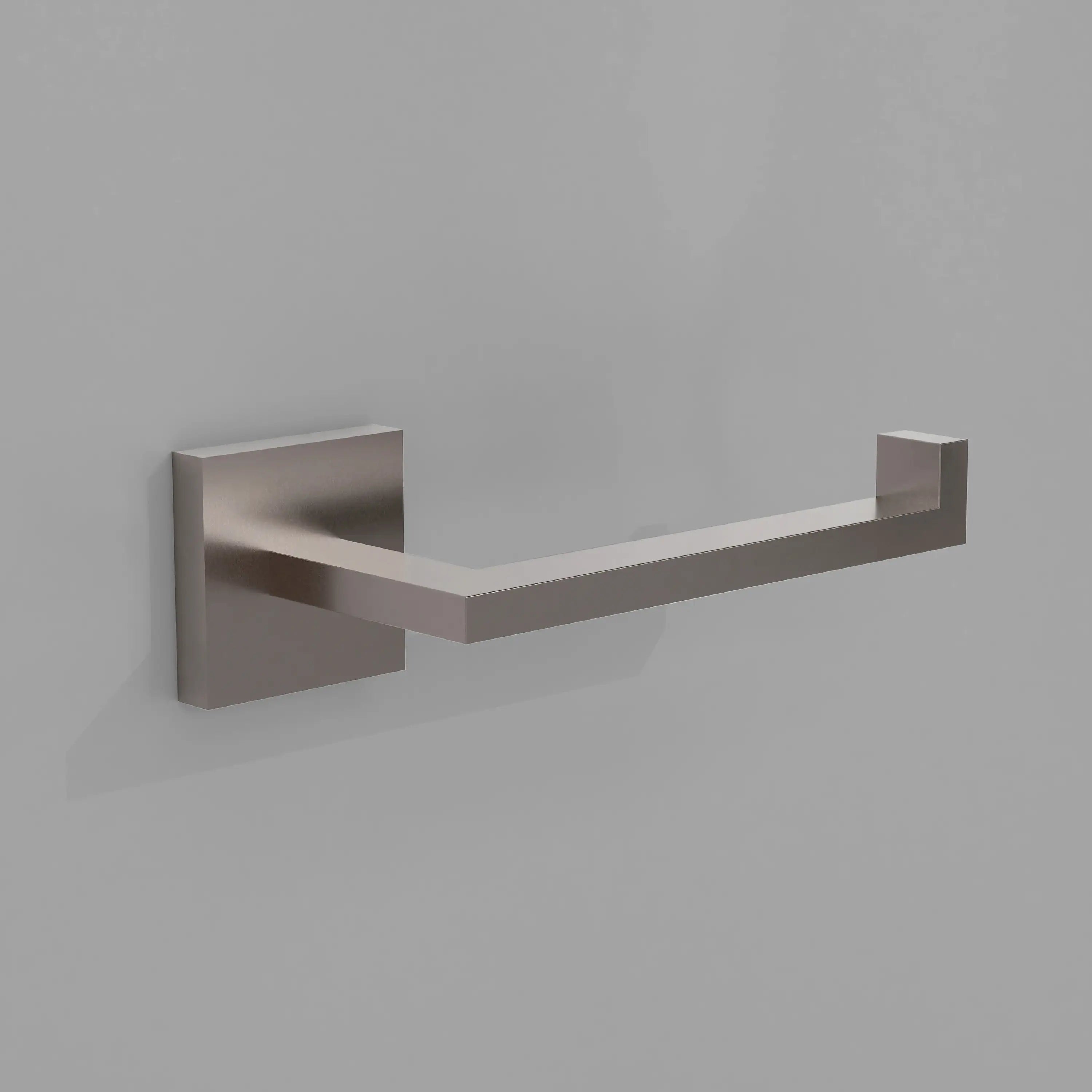 Brushed nickel toilet paper holder with square wall plate and projecting bar