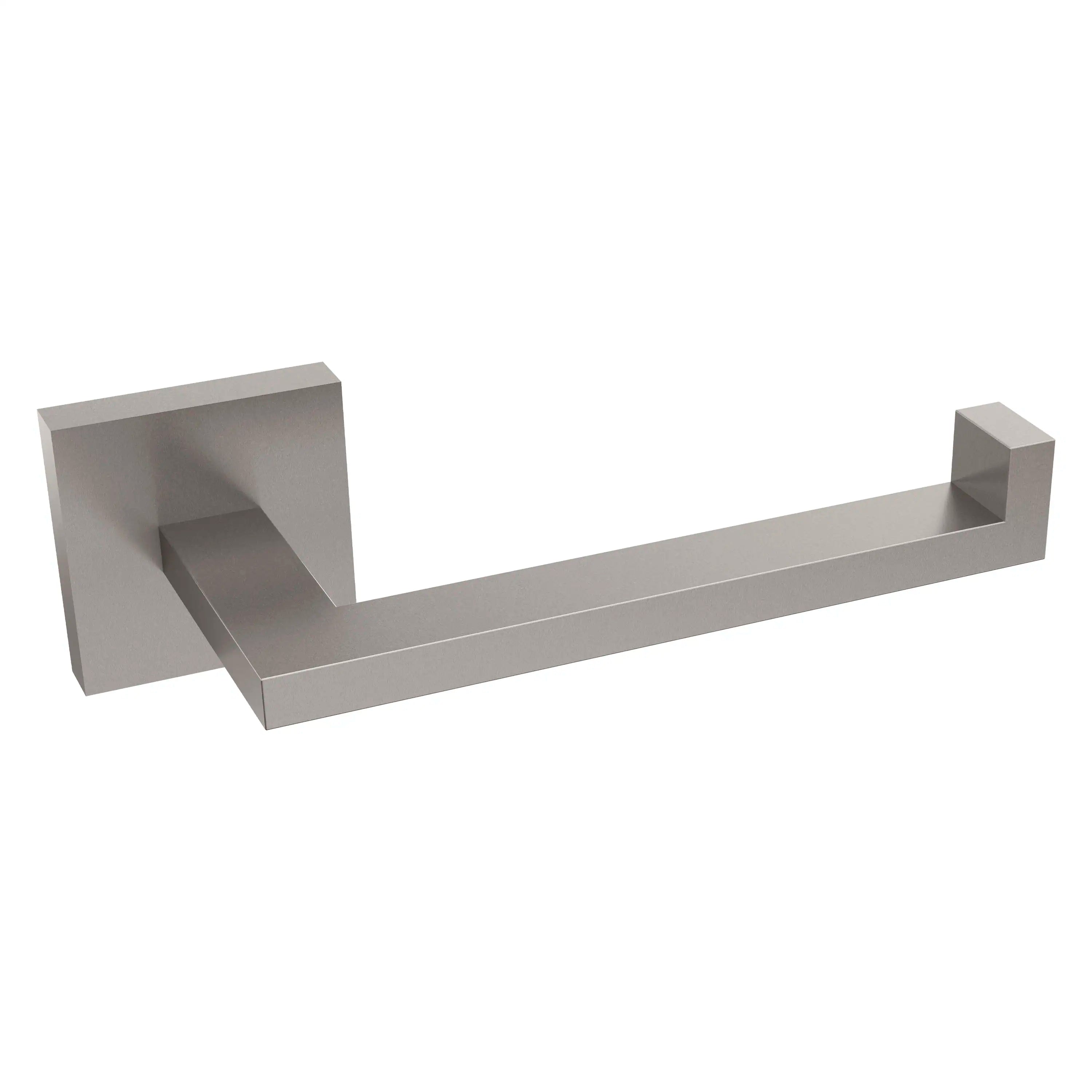 Brushed nickel toilet paper holder with open end and angled wall supports