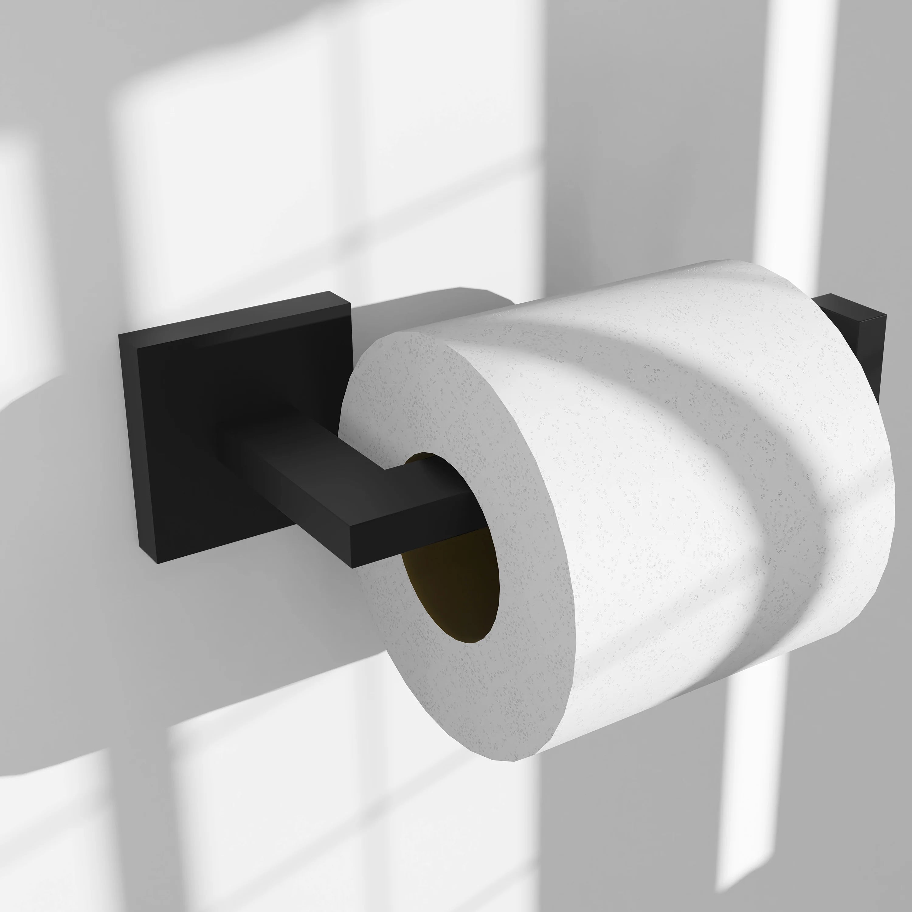 Matte black toilet paper holder with tissue roll on wall bracket