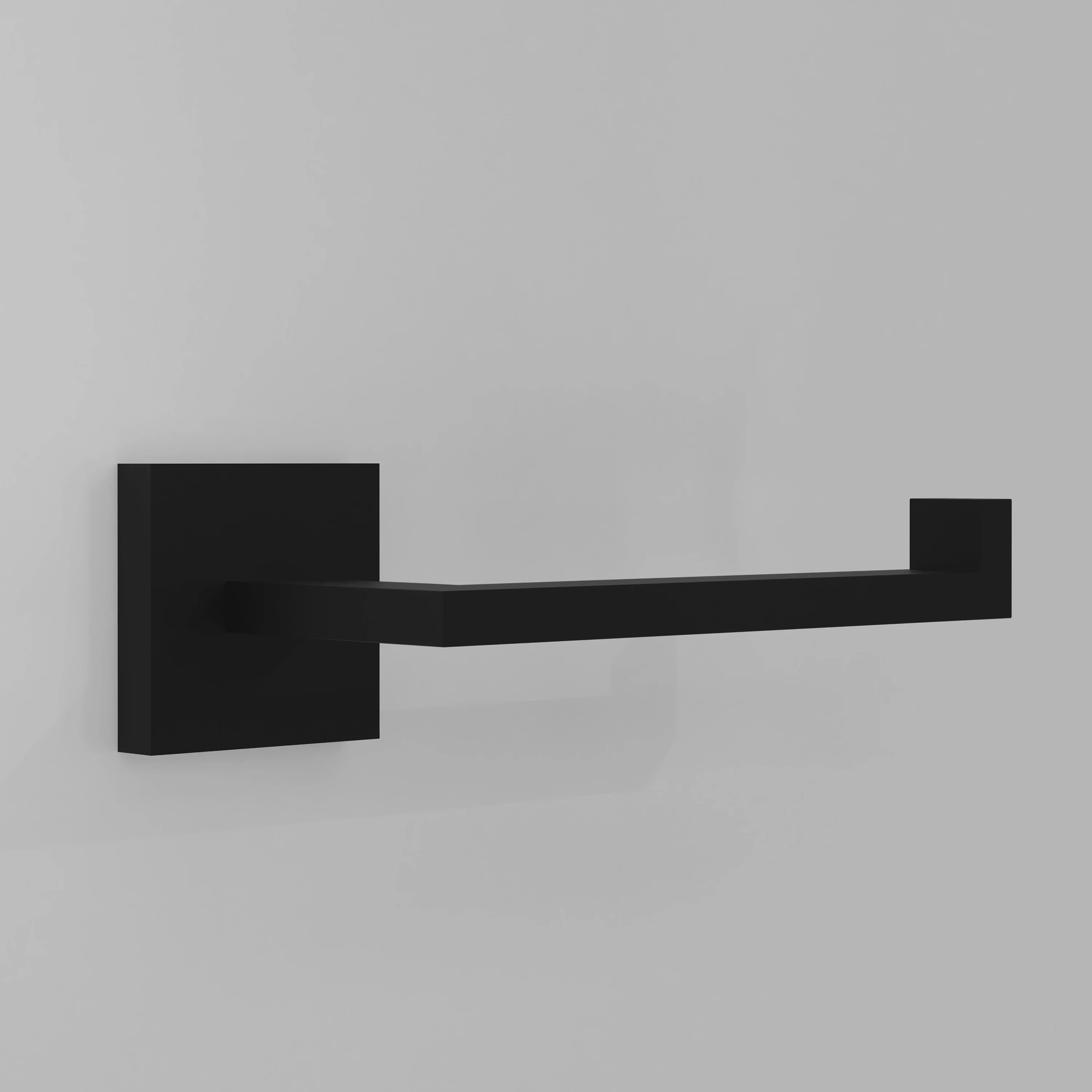 Matte black wall-mounted toilet paper holder with rectangular bar and end blocks