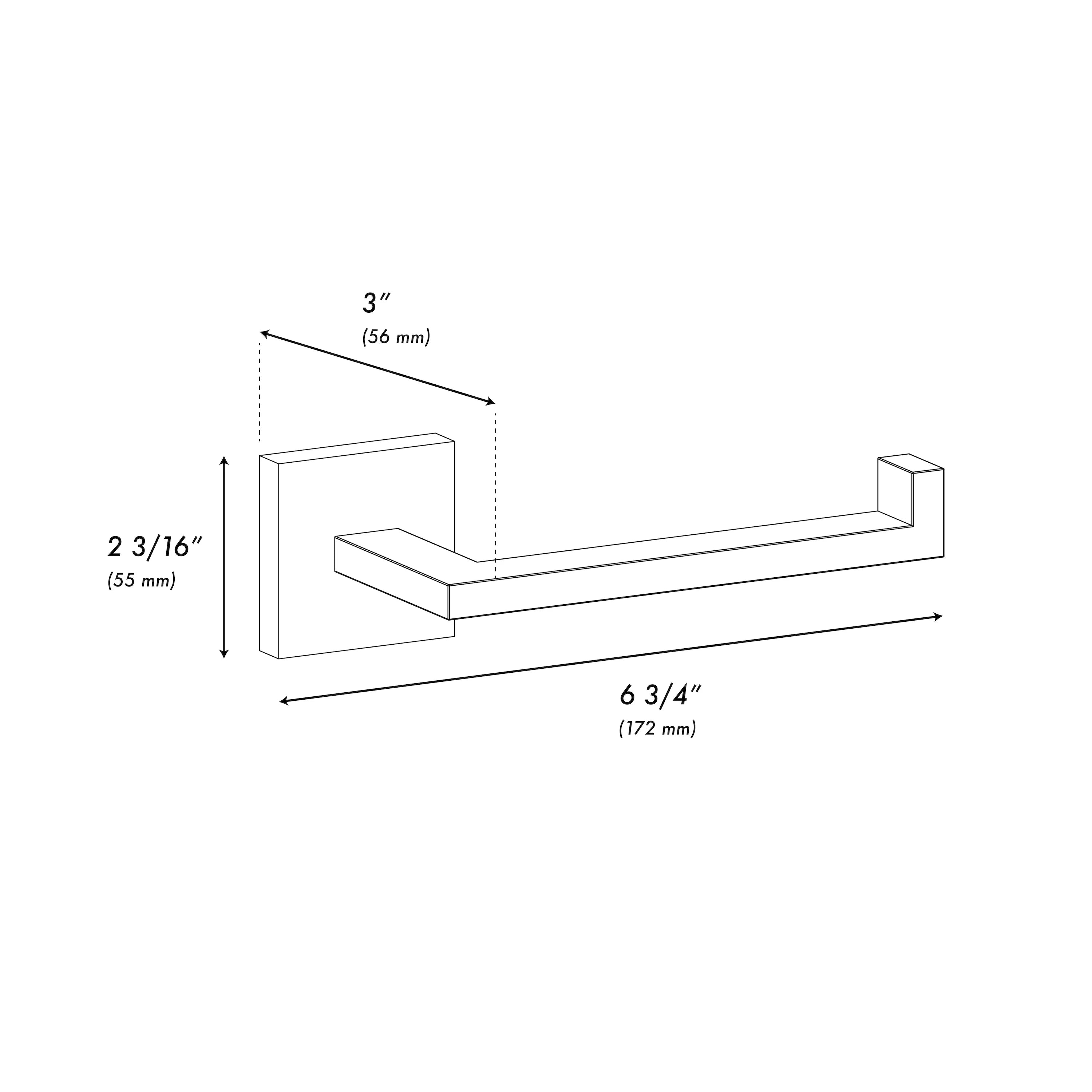 Toilet paper holder dimensions diagram: 6 3/4 in long, 2 3/16 in high, 3 in projection