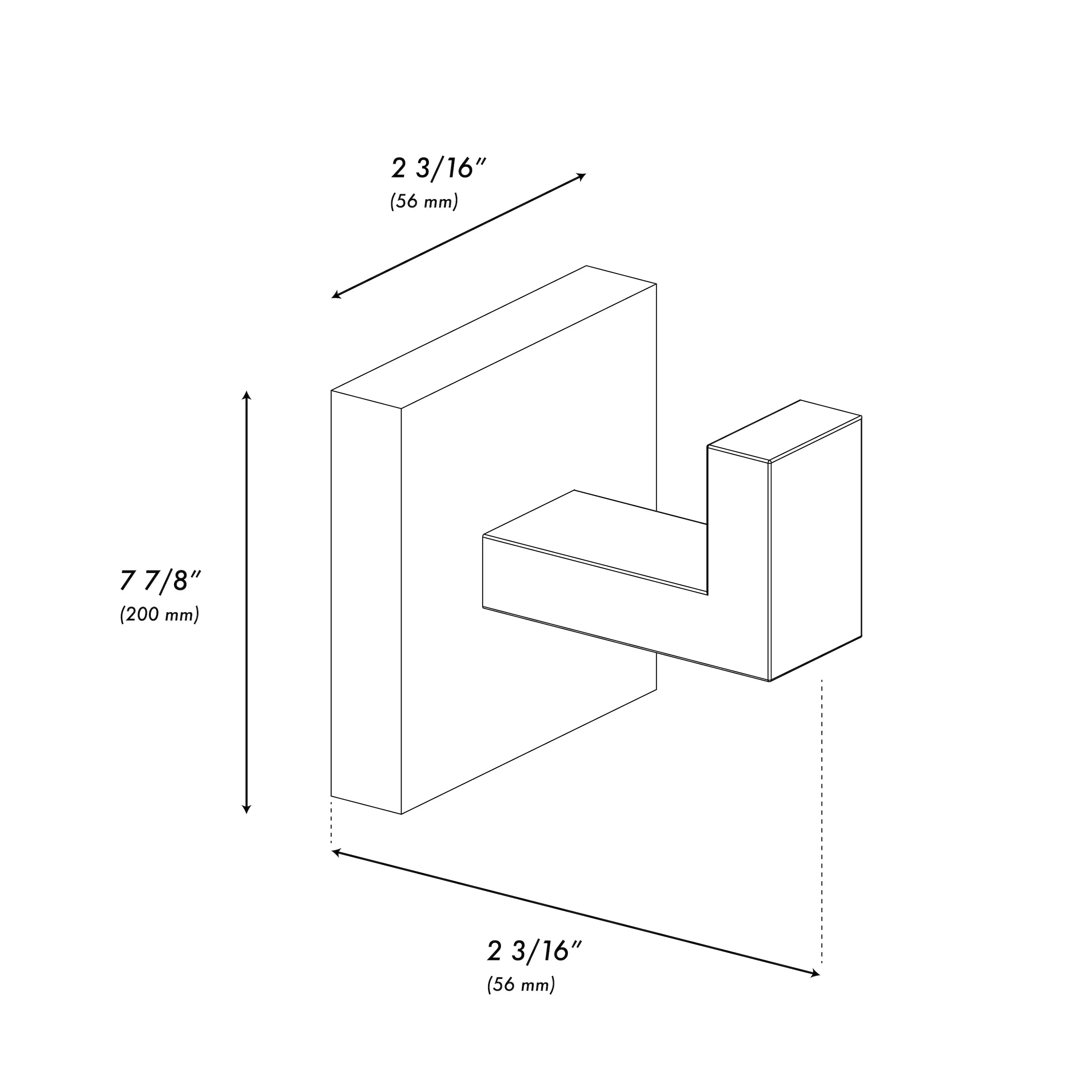 Wall-mount towel hook with dimensions 7 7/8 in high and 2 3/16 in deep