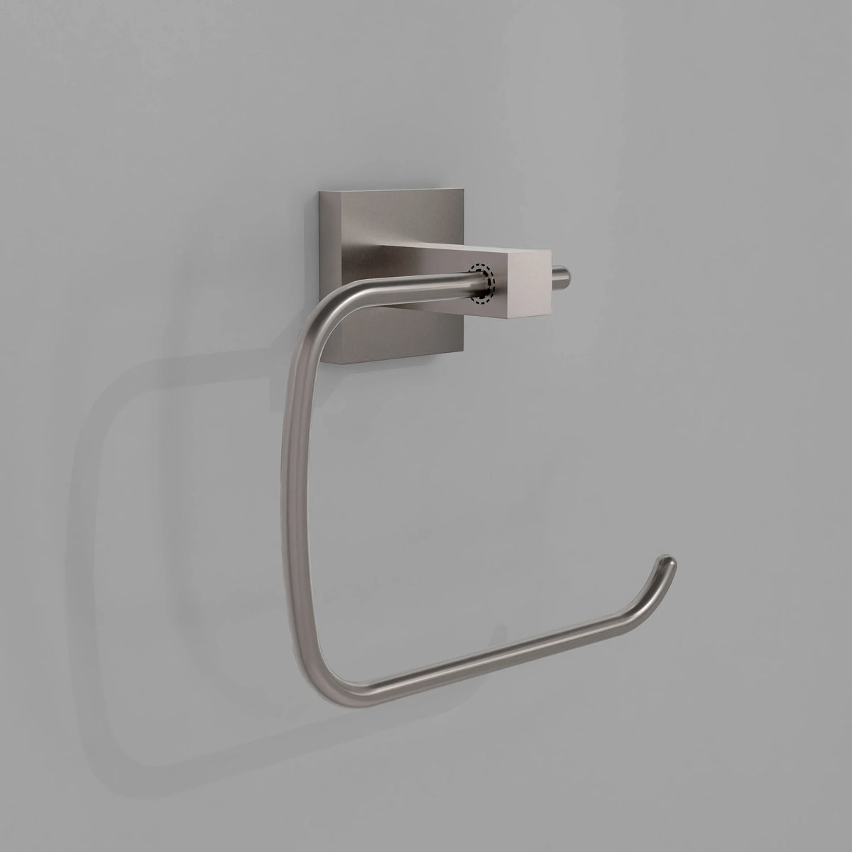 Brushed nickel wall-mounted towel ring with curved metal bar and mounting plate