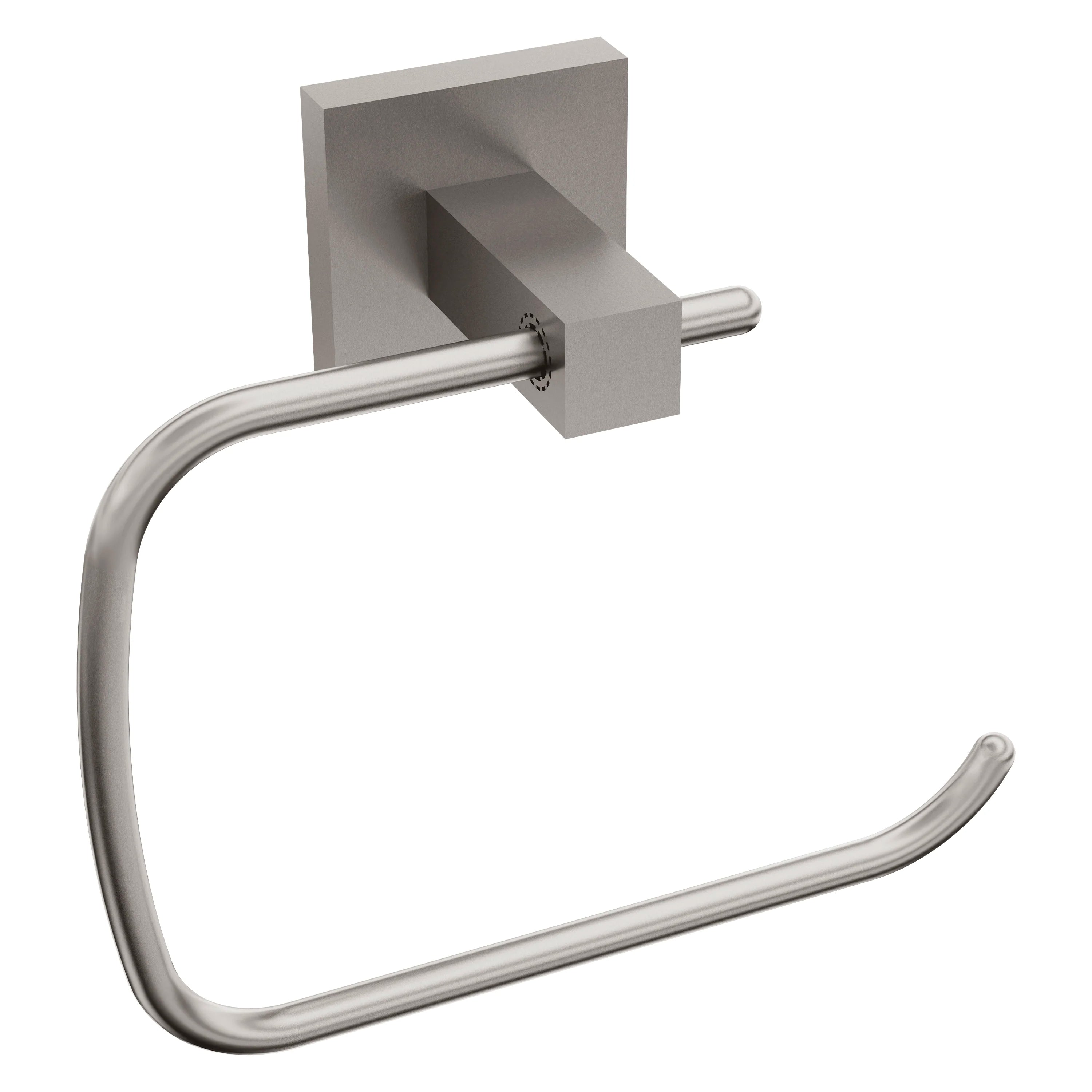 Wall-mounted brushed nickel towel ring with rectangular backplate and curved holder