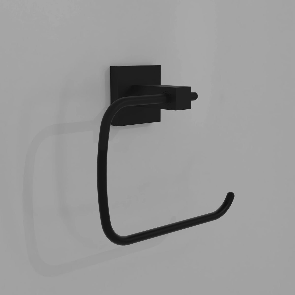 Matte black wall-mounted towel ring with curved holder