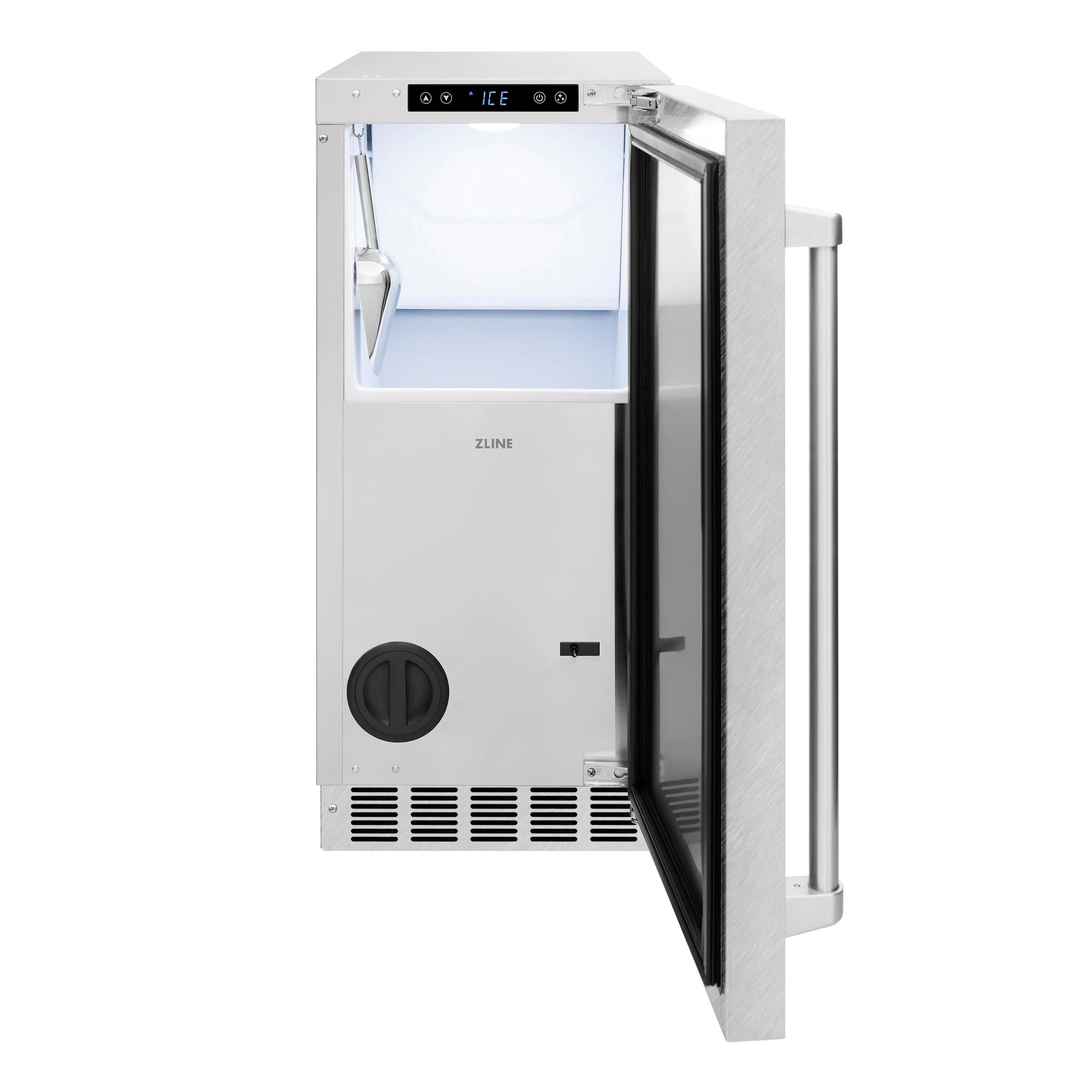 Stainless steel ice maker with open door showing ice bin and control panel