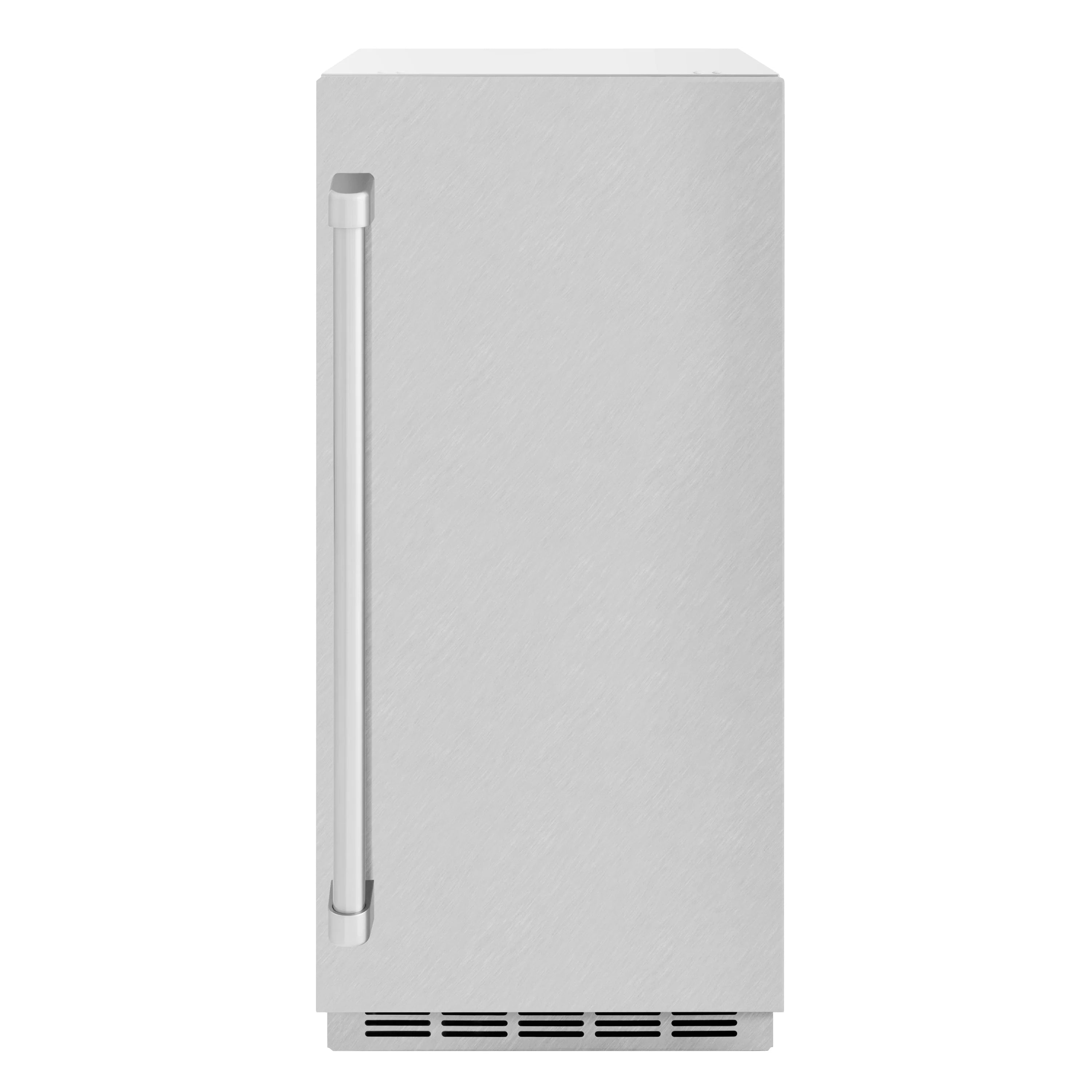 Stainless steel ice maker with vertical scoop handle and front air vents