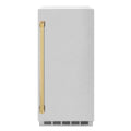 ZLINE Autograph Edition 15-Inch Touchstone Clear Cube Ice Maker with Drain Pump in Satin Stainless Steel and Gold Handle (ICCDZ-SN-15-G)