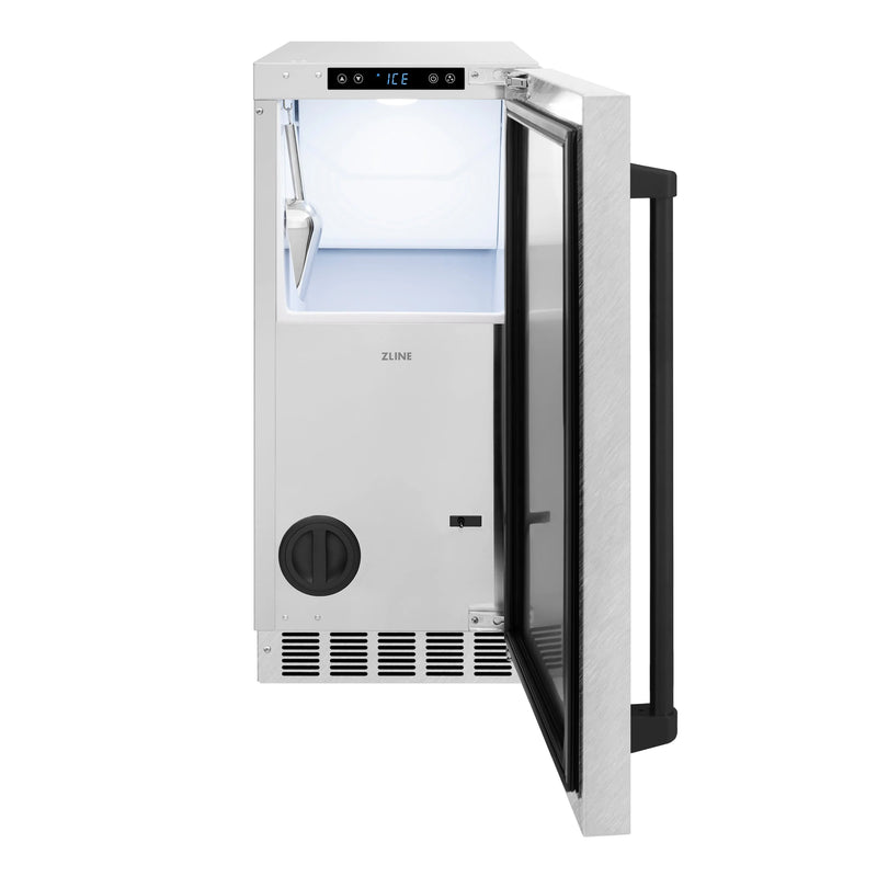 ZLINE Autograph Edition 15-Inch Touchstone Clear Cube Ice Maker with Drain Pump in Satin Stainless Steel and Matte Black Handle (ICCDZ-SN-15-MB)