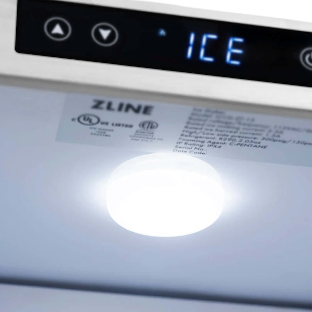 Ice maker control panel with blue “ICE” display and round indicator buttons