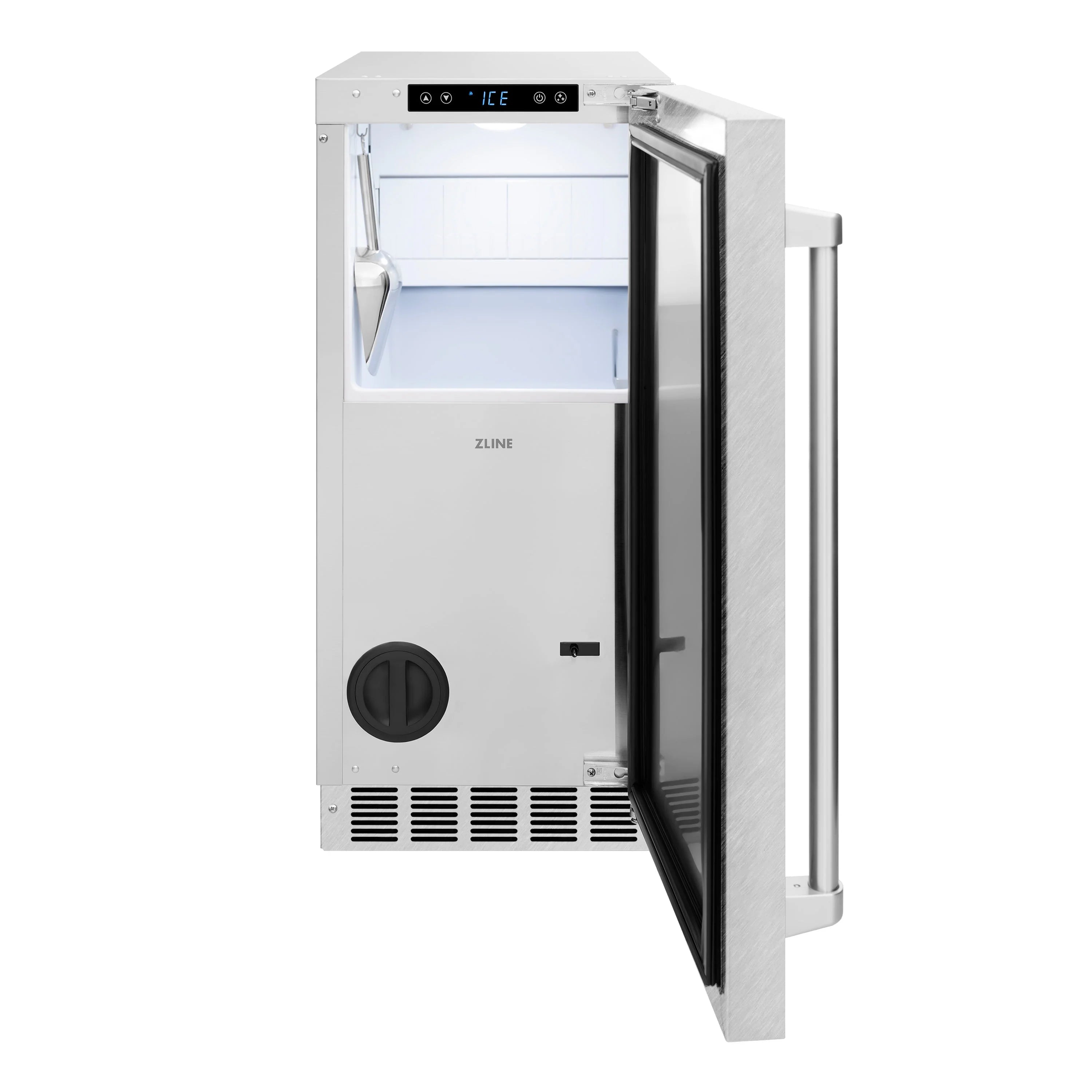 Stainless steel ice maker with open door and ice storage bin
