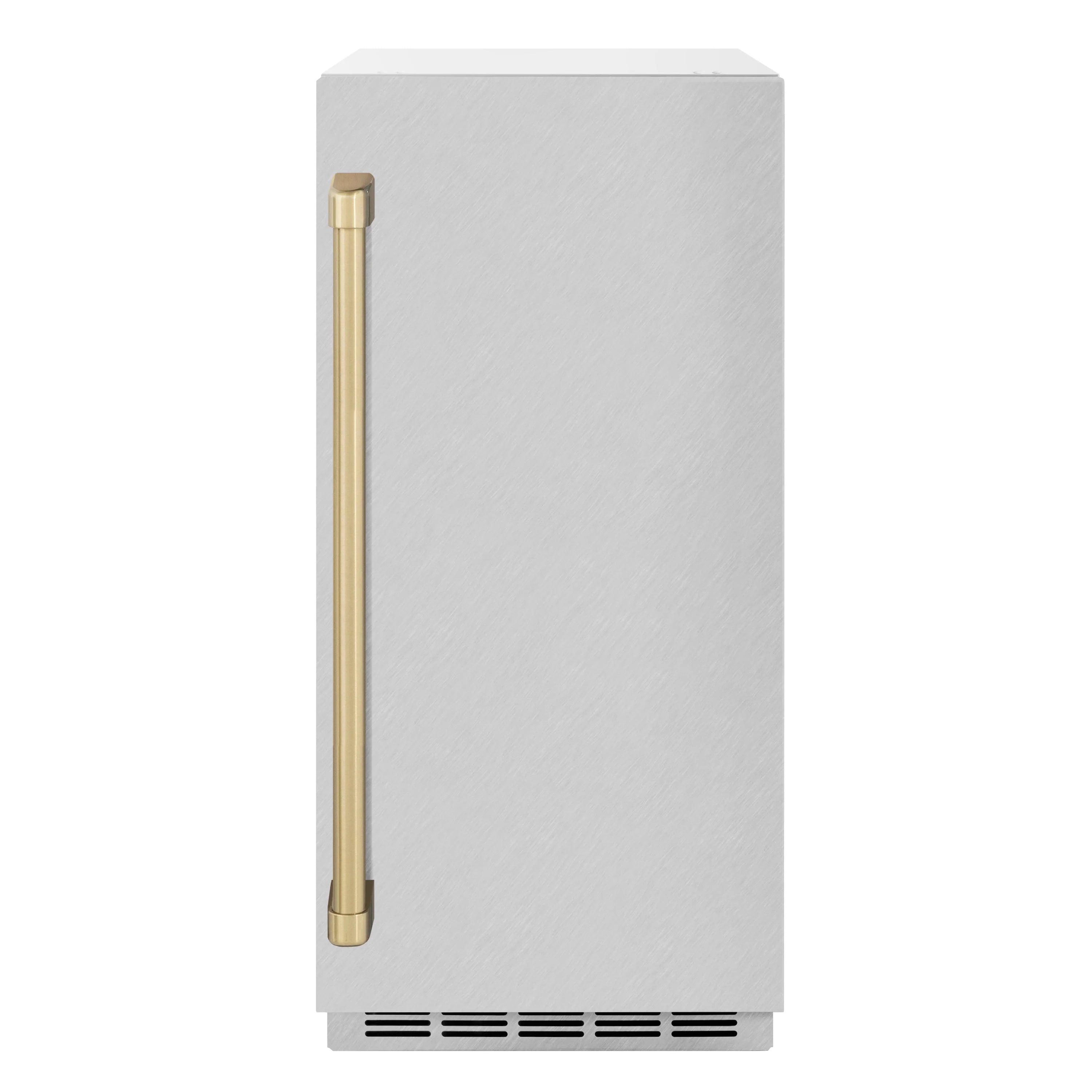 ZLINE ice maker with champagne bronze side handle on satin stainless body