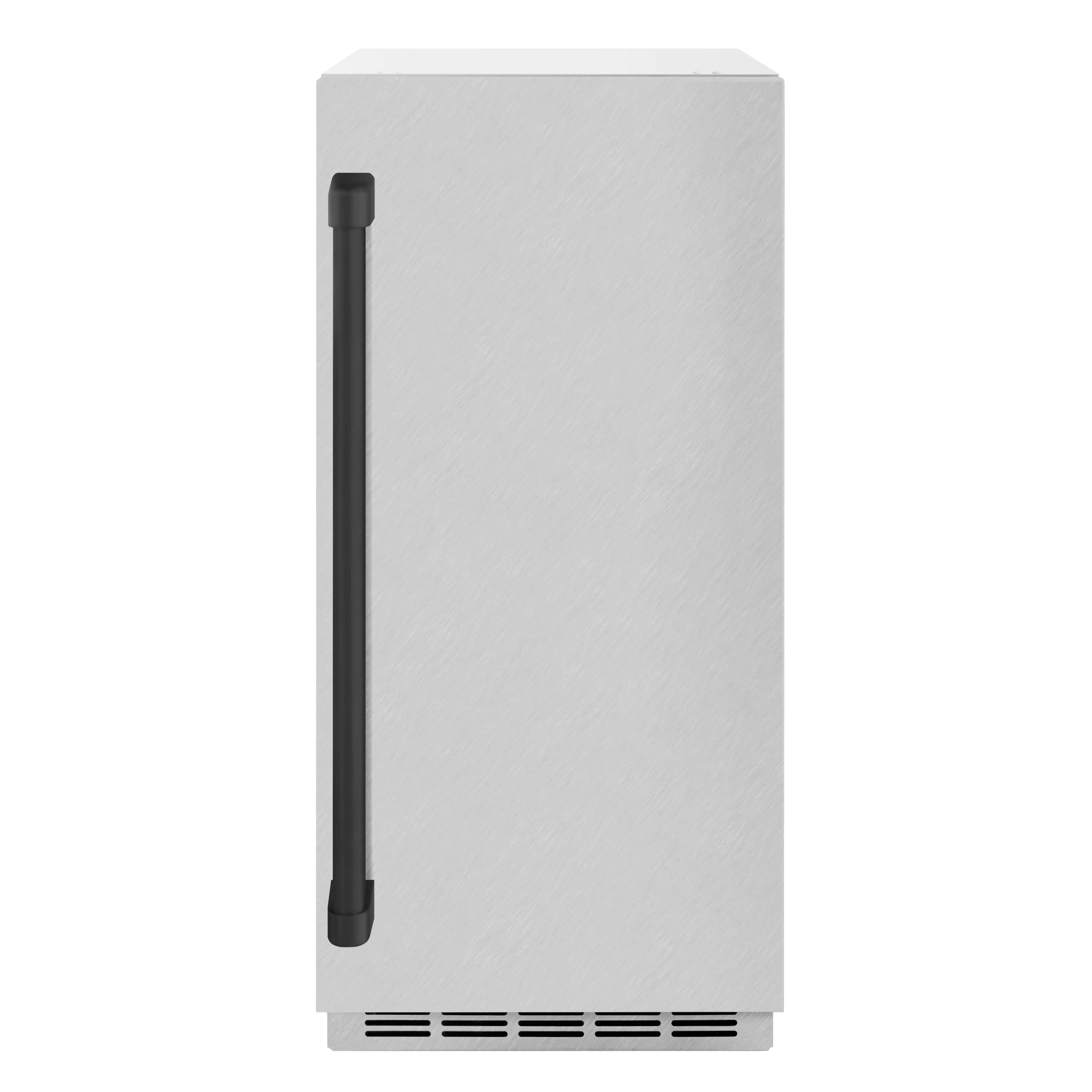 ZLINE ice maker side view with matte black handle on satin stainless steel body