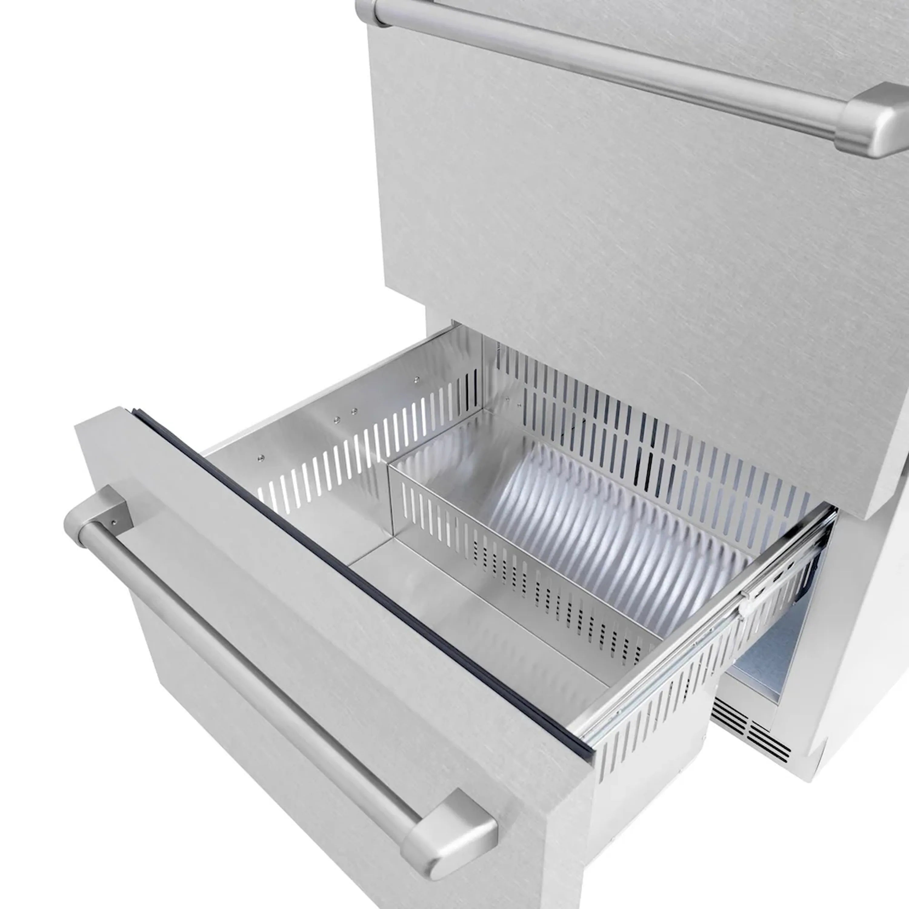 Stainless steel refrigerator drawer with open rack interior and front pull handle