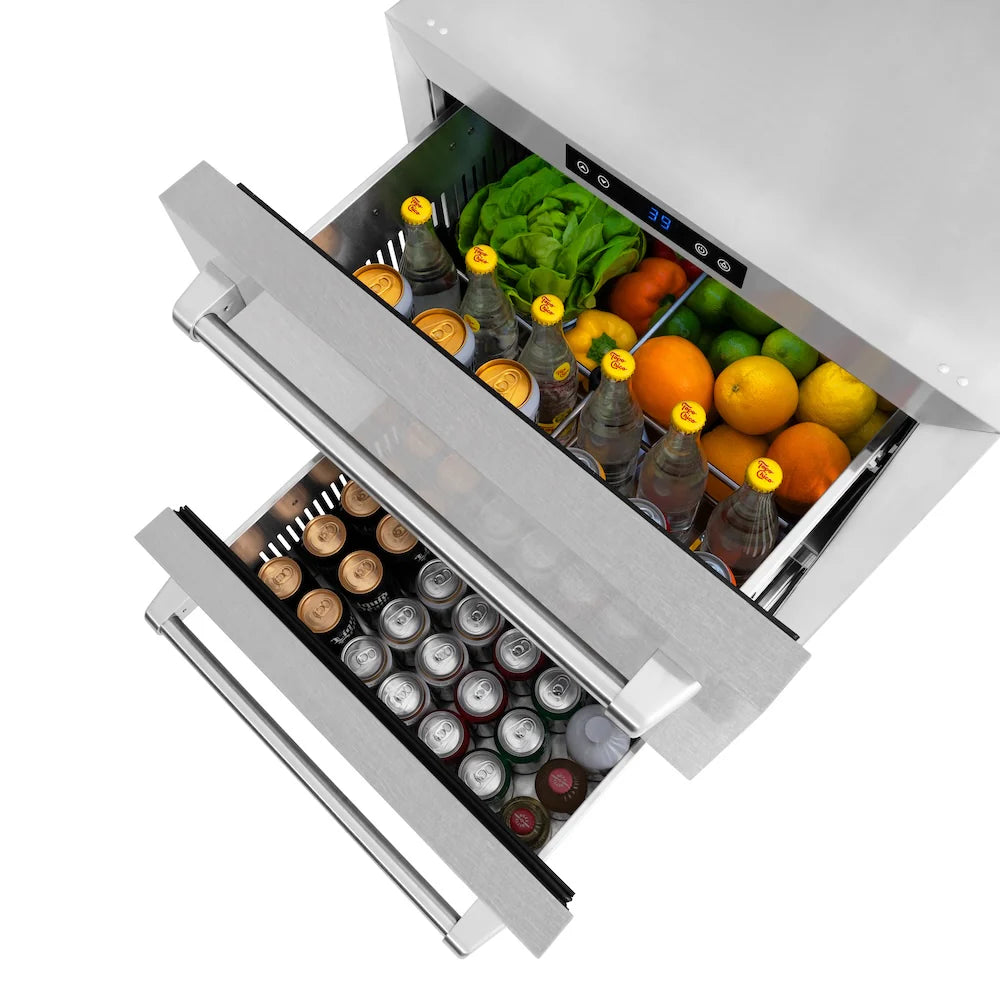 Stainless steel refrigerator drawer open with stocked shelves of produce and bottles