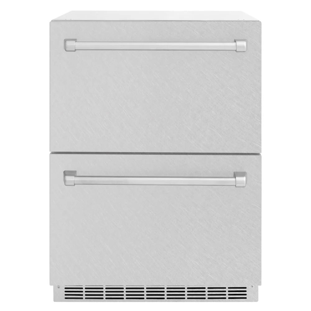 Two-drawer refrigerator cabinet in satin stainless steel with front handles and vent base