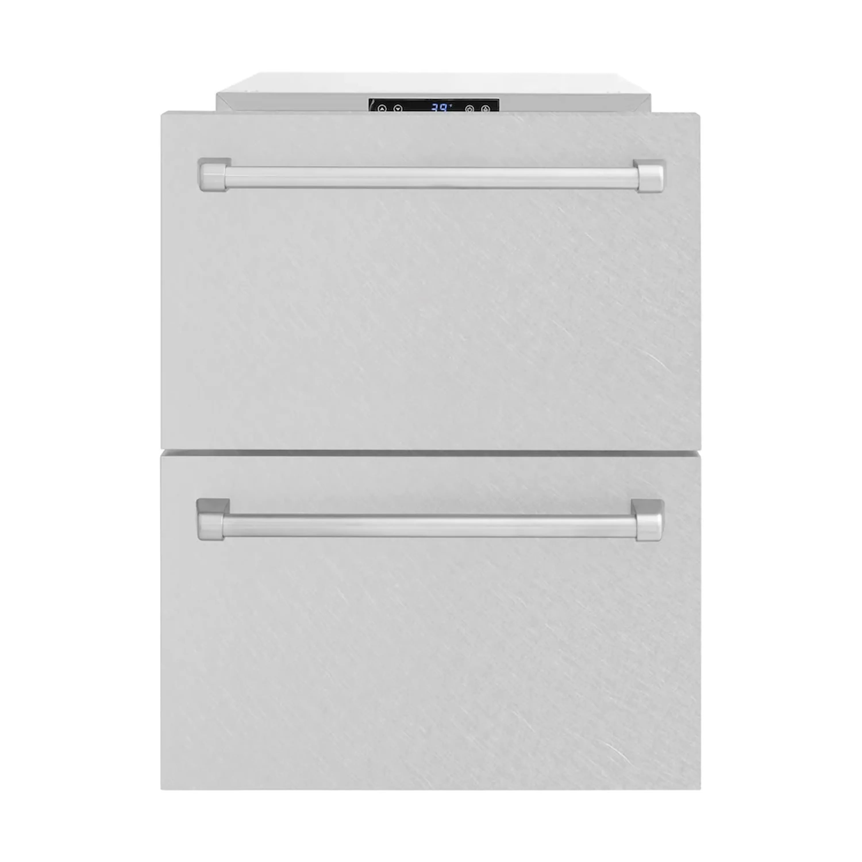 Refrigerator drawer cabinet in satin stainless steel, two front handles and vent grille