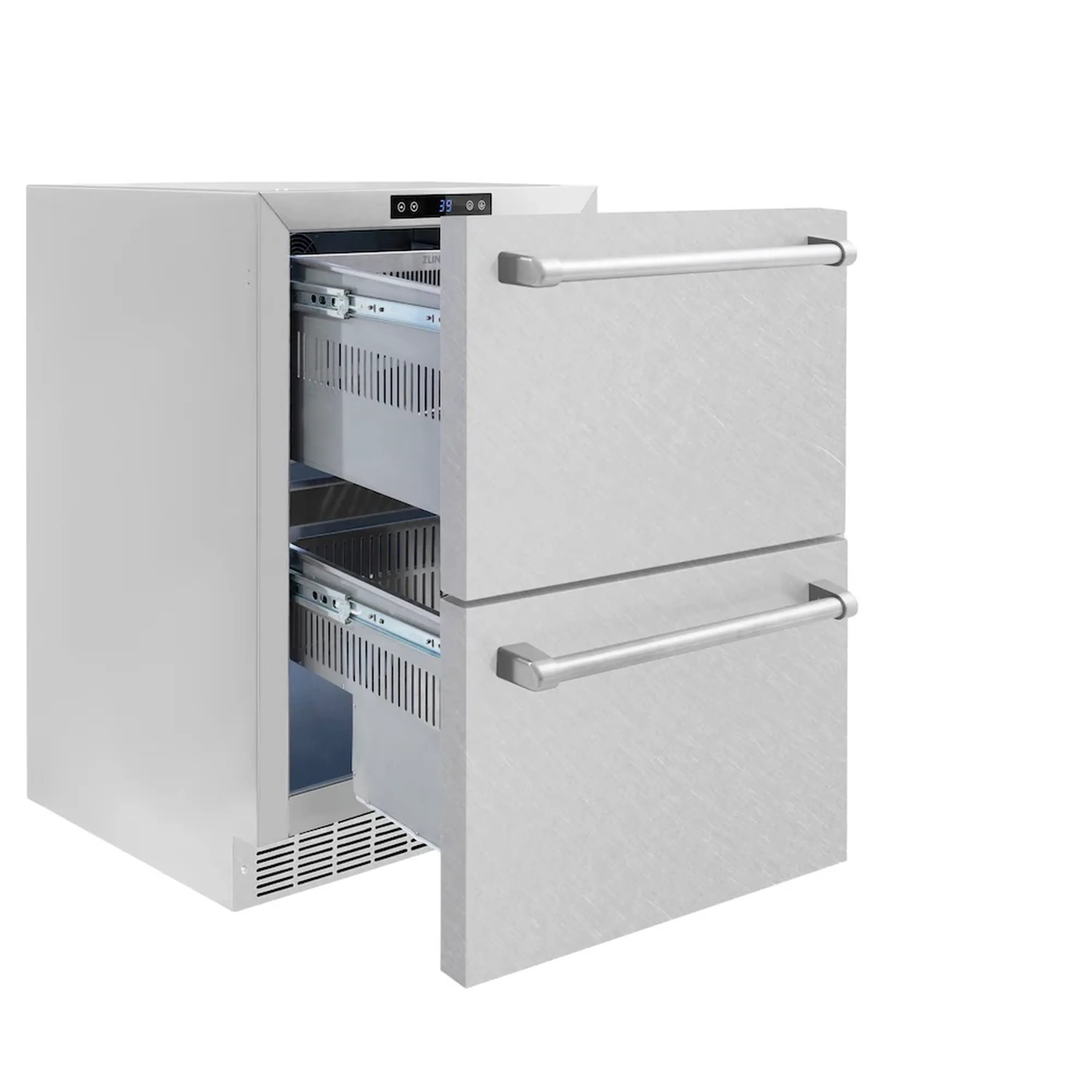 Stainless steel refrigerator drawer with two front pull handles, open to show interior racks