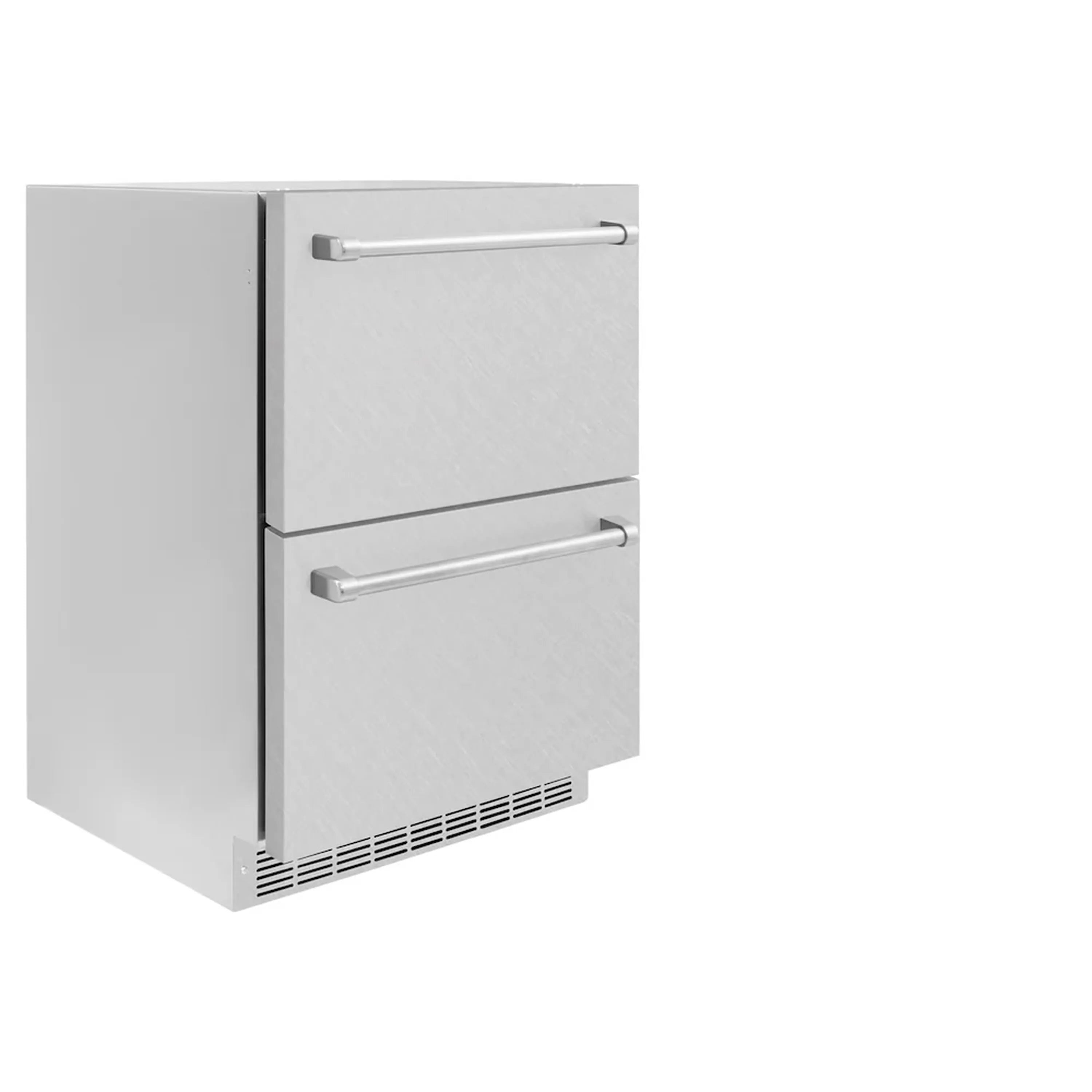 Refrigerator drawer cabinet with one drawer open, showing vented bottom grille