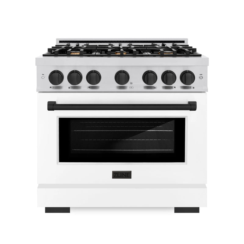 ZLINE Autograph Edition 36-Inch Select Series Gas Range with 6 Gas Burner Cooktop and 5.2 Cu. Ft. Gas Convection Oven in Stainless Steel with White Matte Door and Matte Black Accents (HGRZ-WM-36-MB)