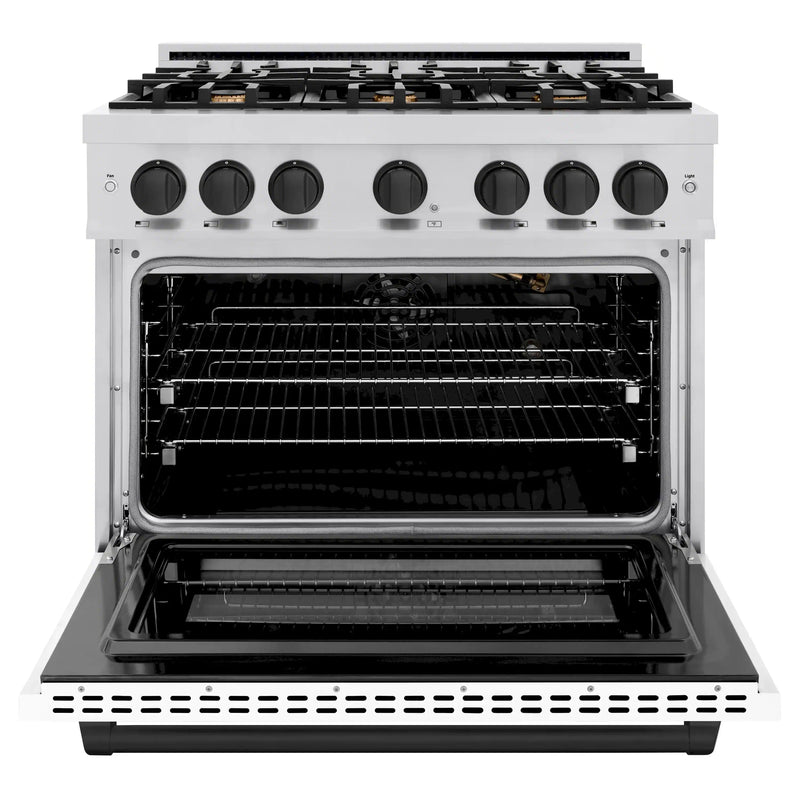 ZLINE Autograph Edition 36-Inch Select Series Gas Range with 6 Gas Burner Cooktop and 5.2 Cu. Ft. Gas Convection Oven in Stainless Steel with White Matte Door and Matte Black Accents (HGRZ-WM-36-MB)
