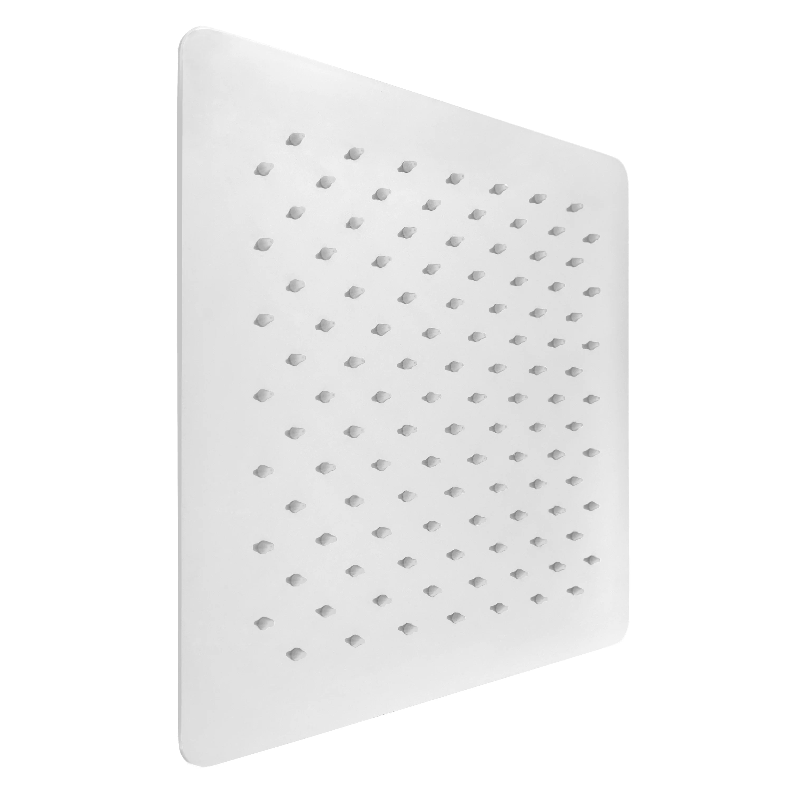 Square chrome shower head face with evenly spaced spray nozzles