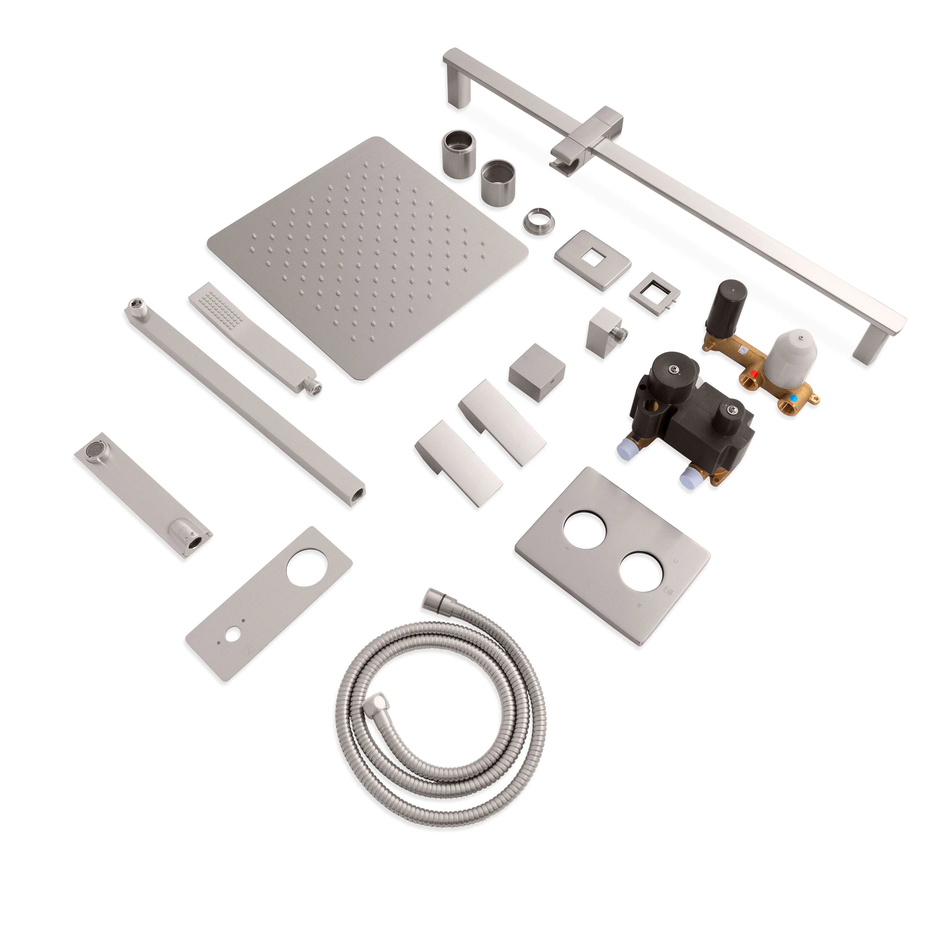 Shower system components laid out: shower head, arm, handles, plates, and hose