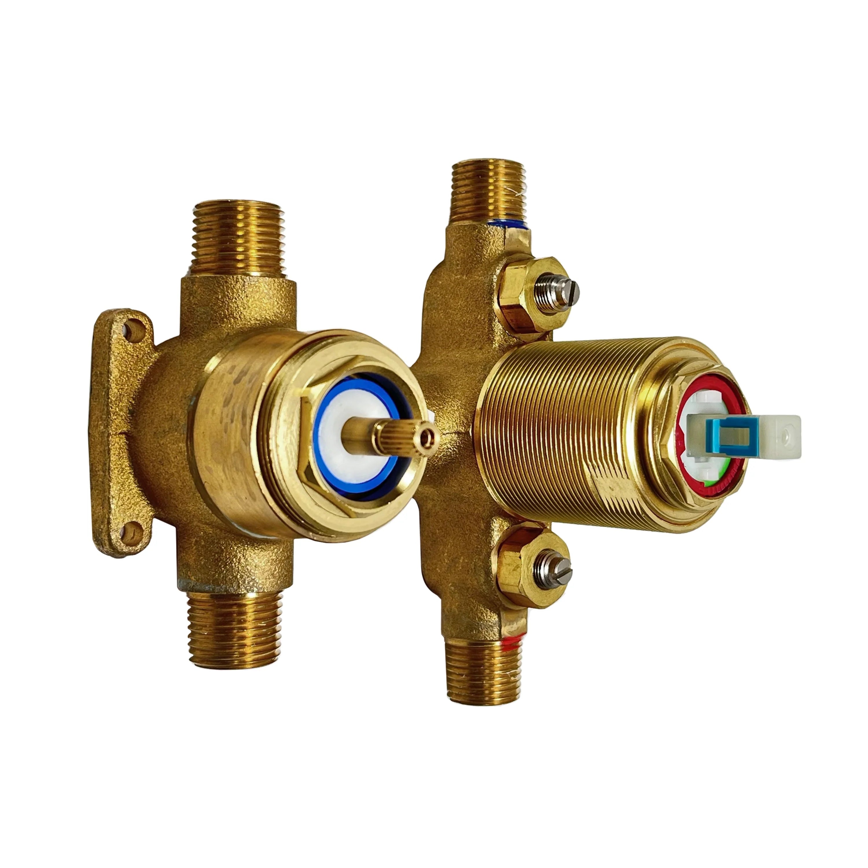 Brass shower valve cartridge assembly with threaded ports and internal cartridge