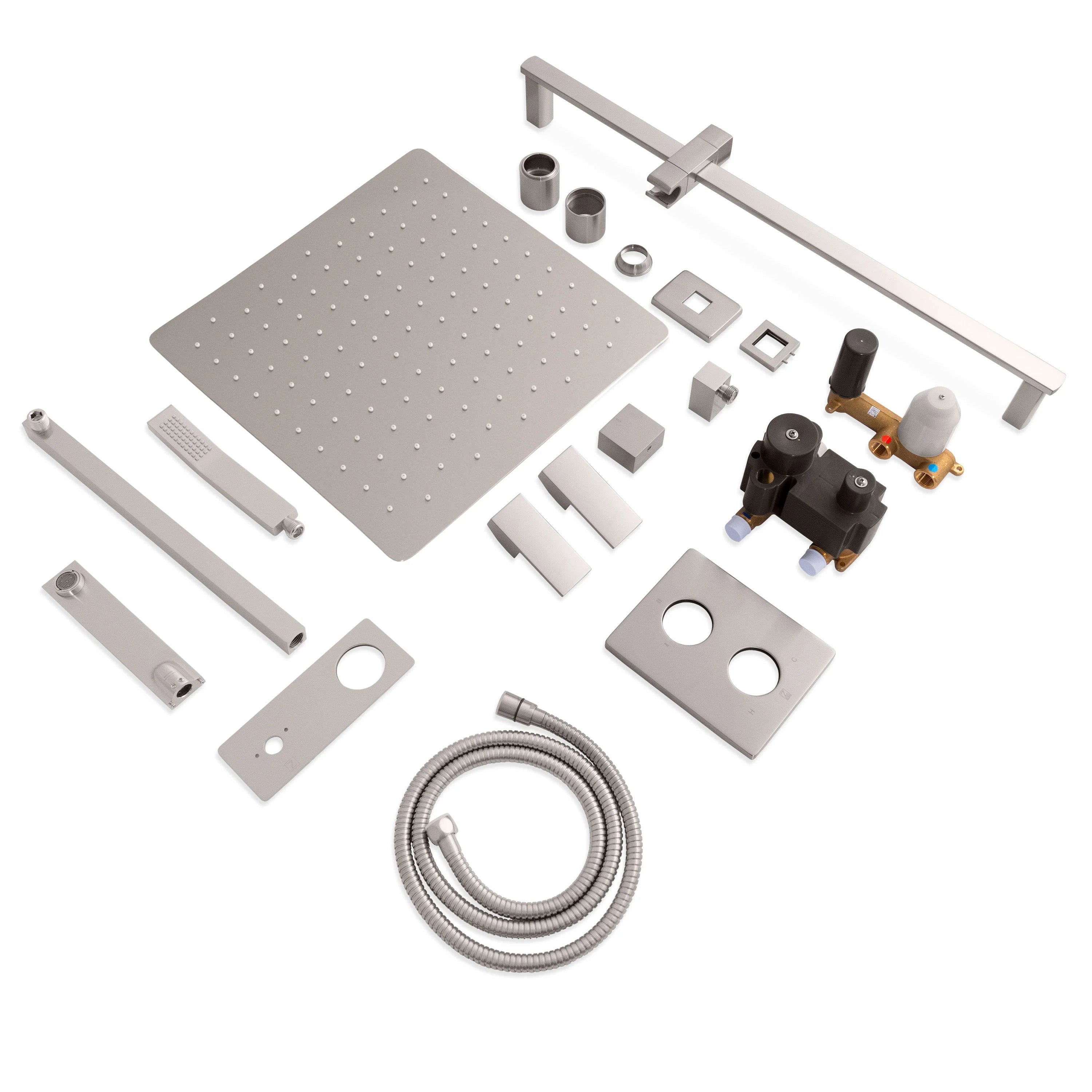 Brushed nickel shower system components kit with shower head, hose, and mounting parts