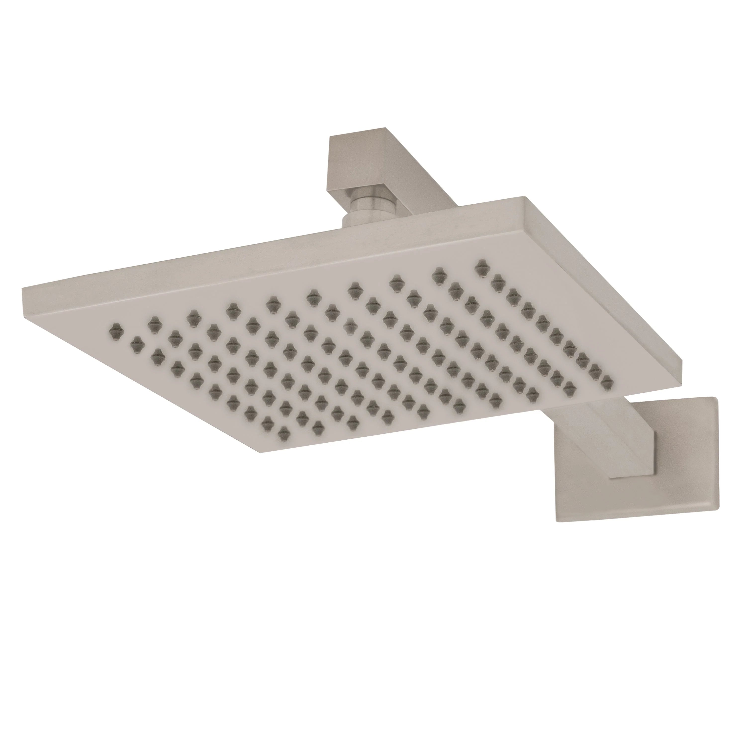 Brushed nickel rain shower head with square face and multiple nozzles