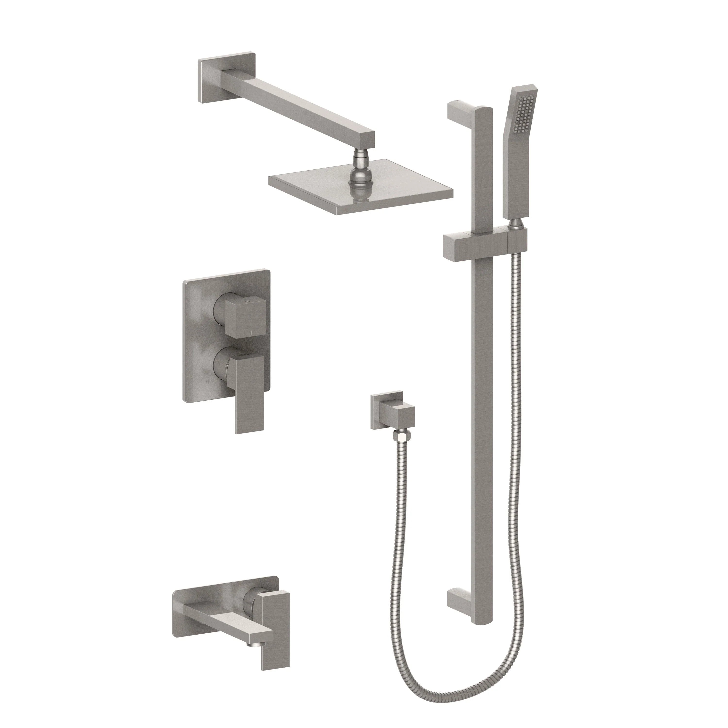 Brushed nickel shower system with wall controls, spout, and hand shower