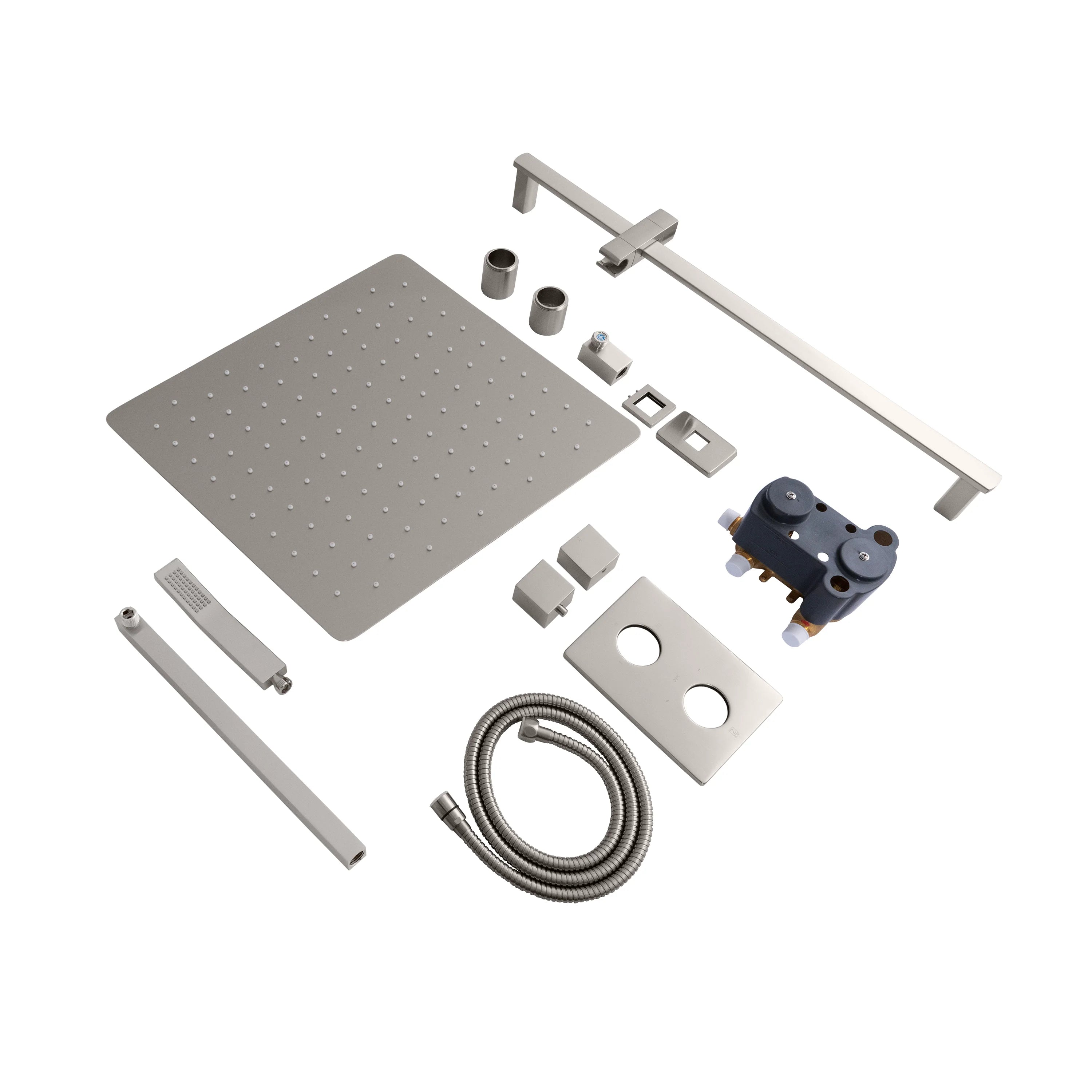 Brushed nickel thermostatic shower system kit with shower arm, head, hoses, and trim parts