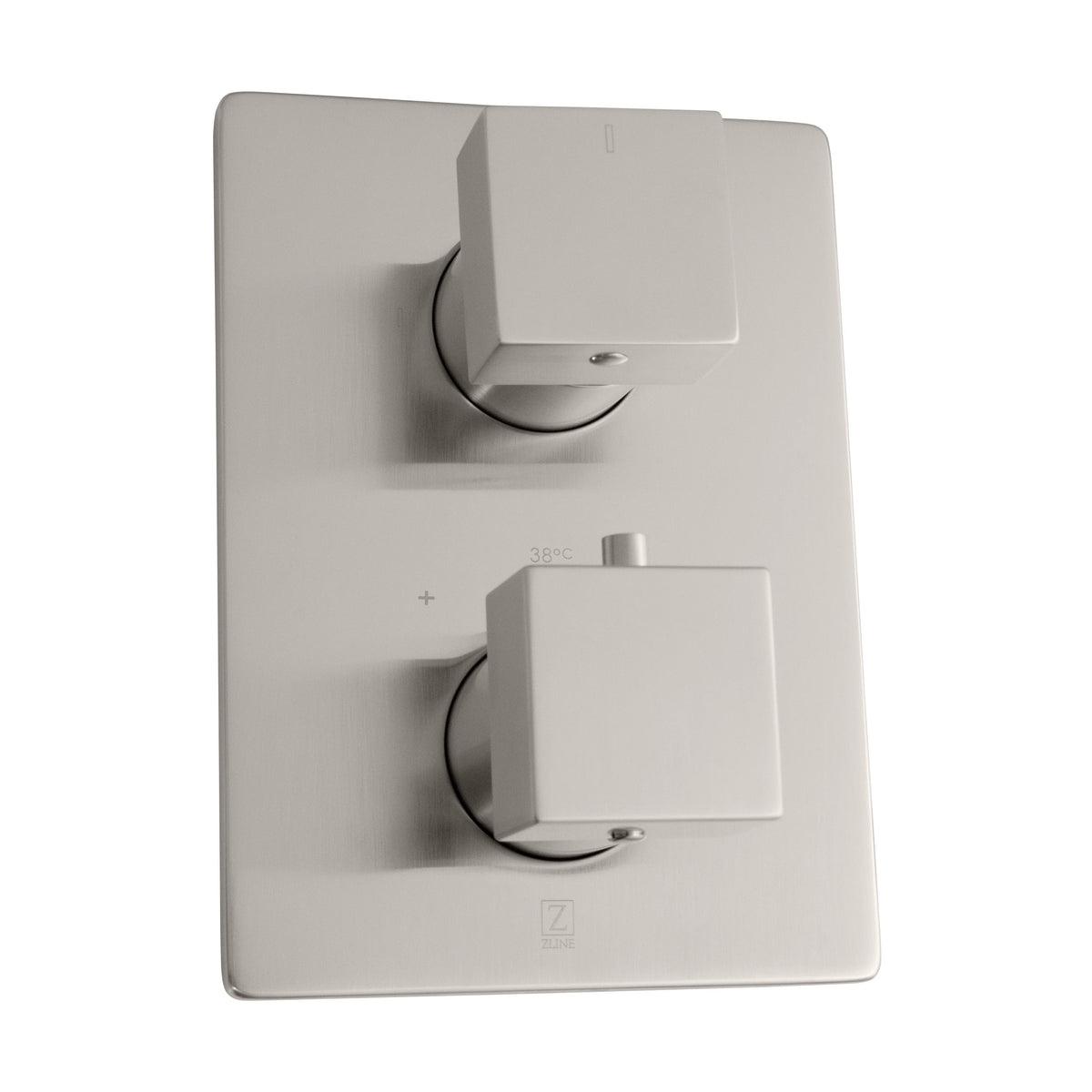 Brushed nickel thermostatic shower control with dual square handles on a square faceplate