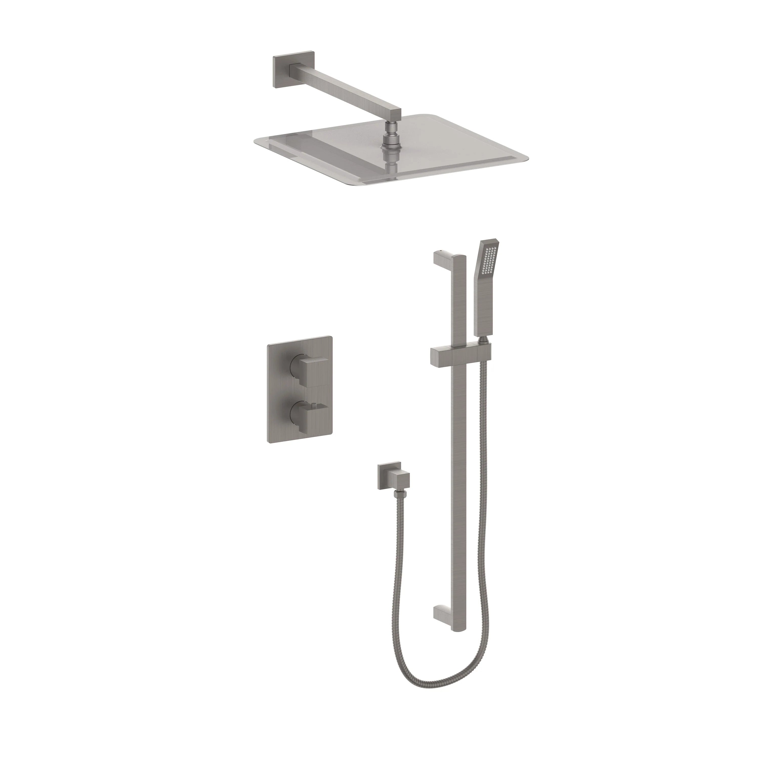 Brushed nickel thermostatic shower faucet set with rectangular controls, shower arm, and hand shower hose