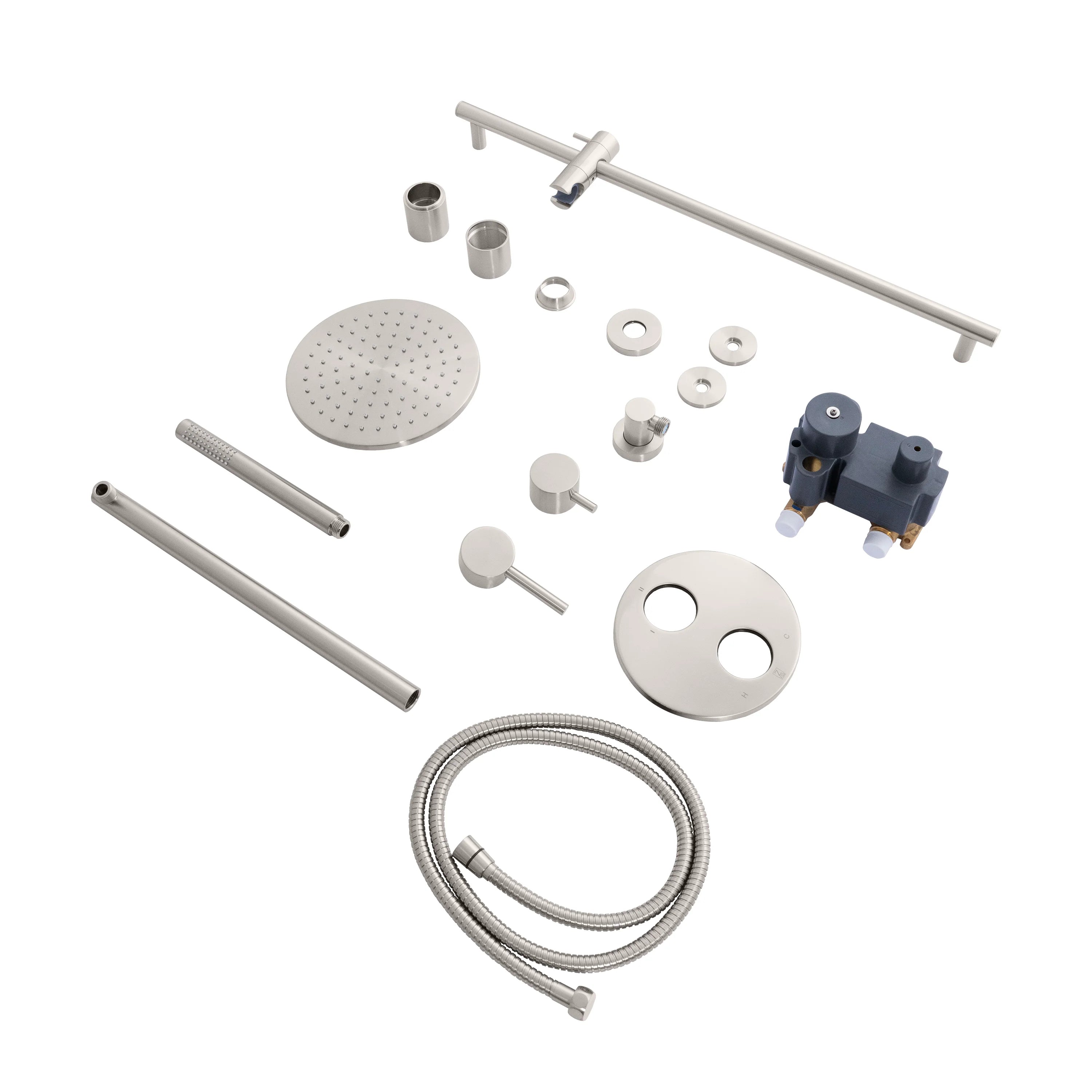 Brushed nickel shower faucet trim and showerhead components in a parts set