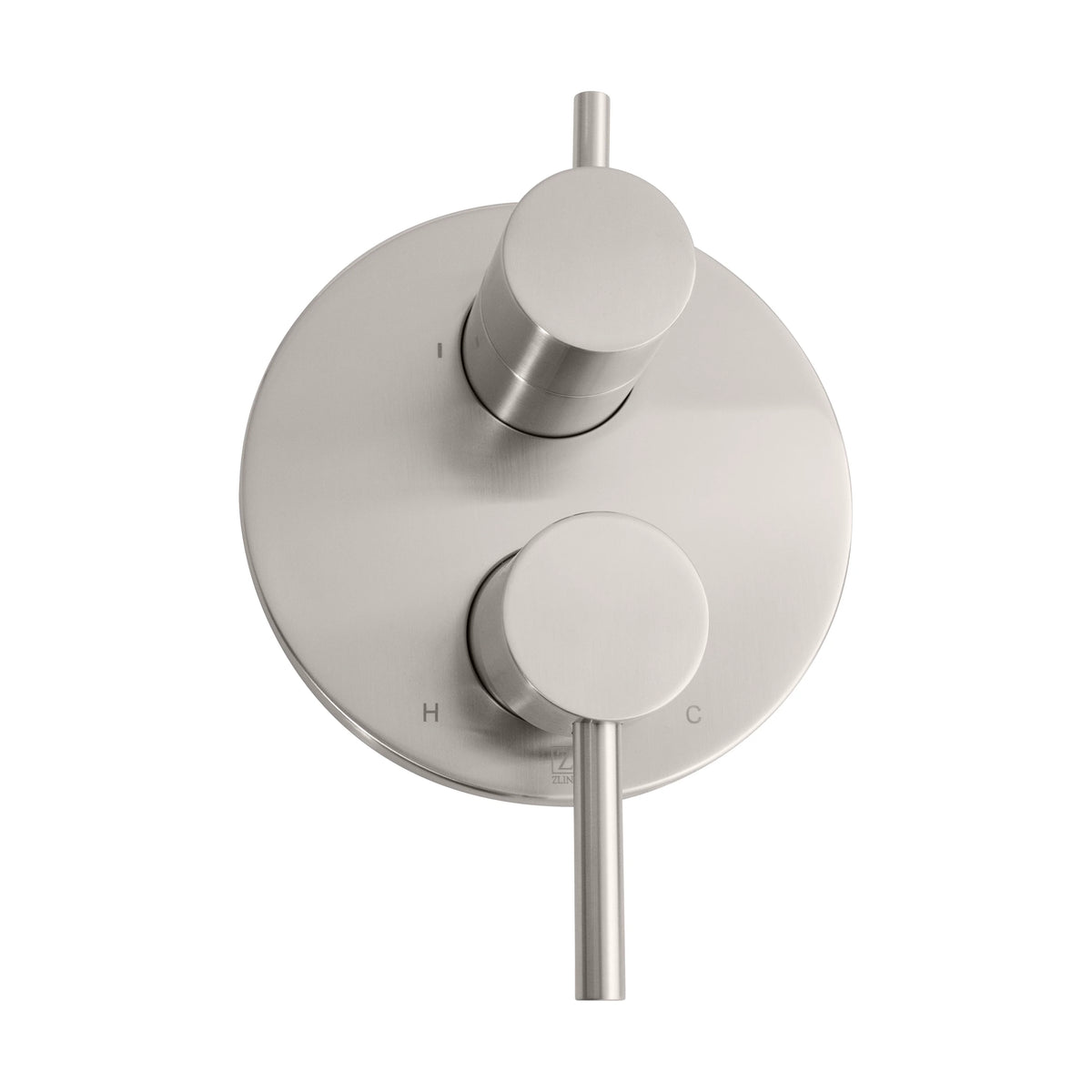 Brushed nickel shower faucet control with two circular knobs and diverter handle