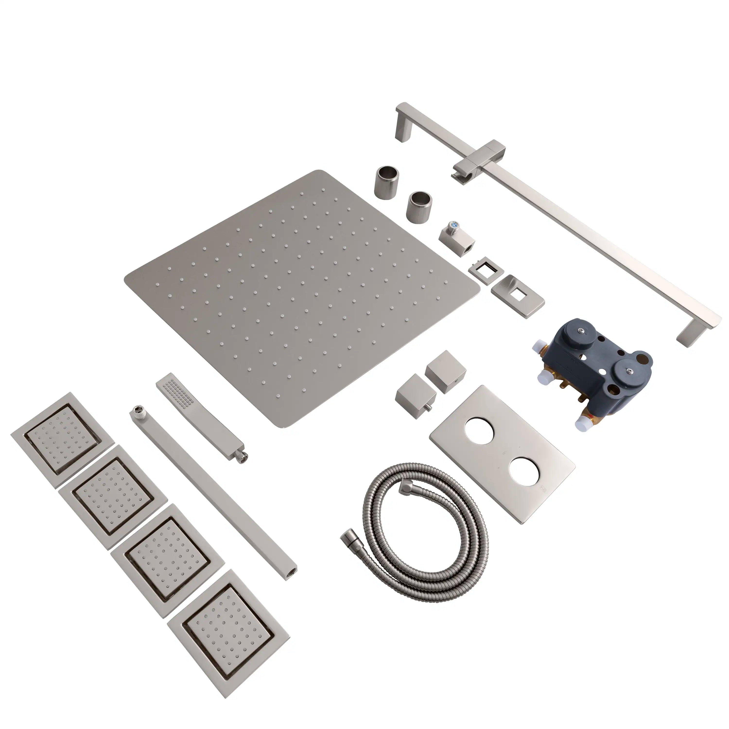 Thermostatic shower system components: square overhead showerhead, four body jets, rails and hose.