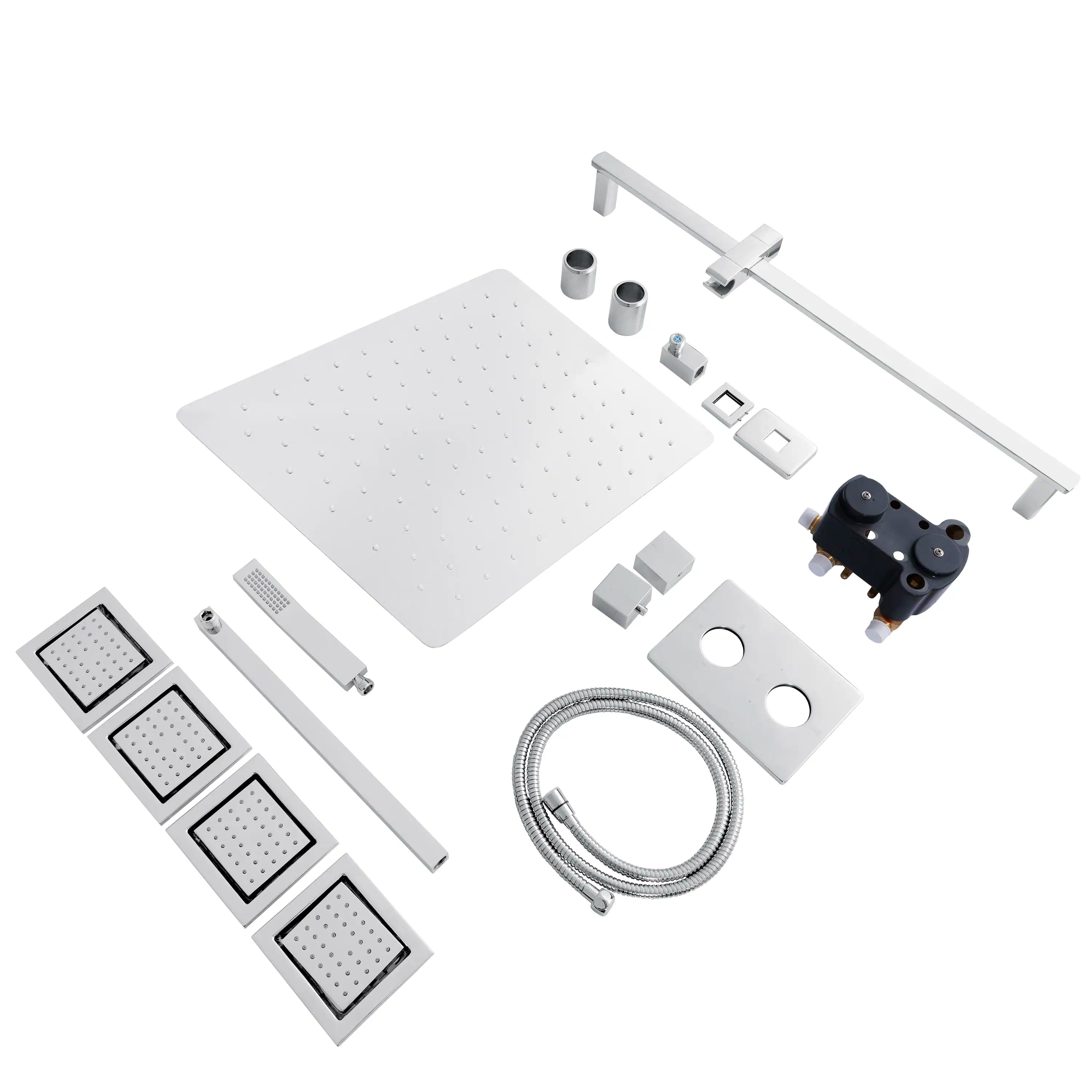 Thermostatic shower system parts kit with rectangular shower head, body jets, and hose
