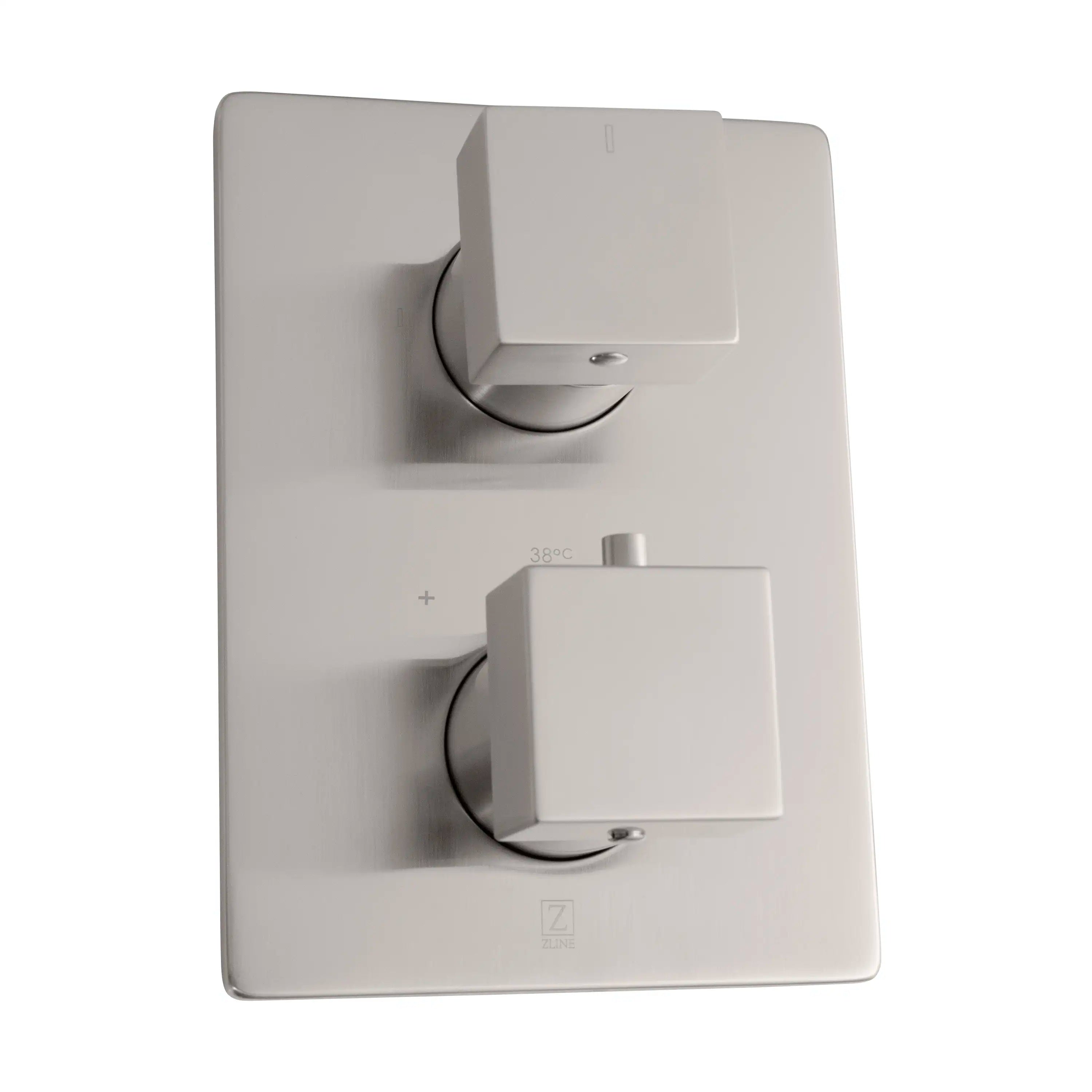 Thermostatic shower control plate with two temperature dials and diverter knobs, brushed nickel.