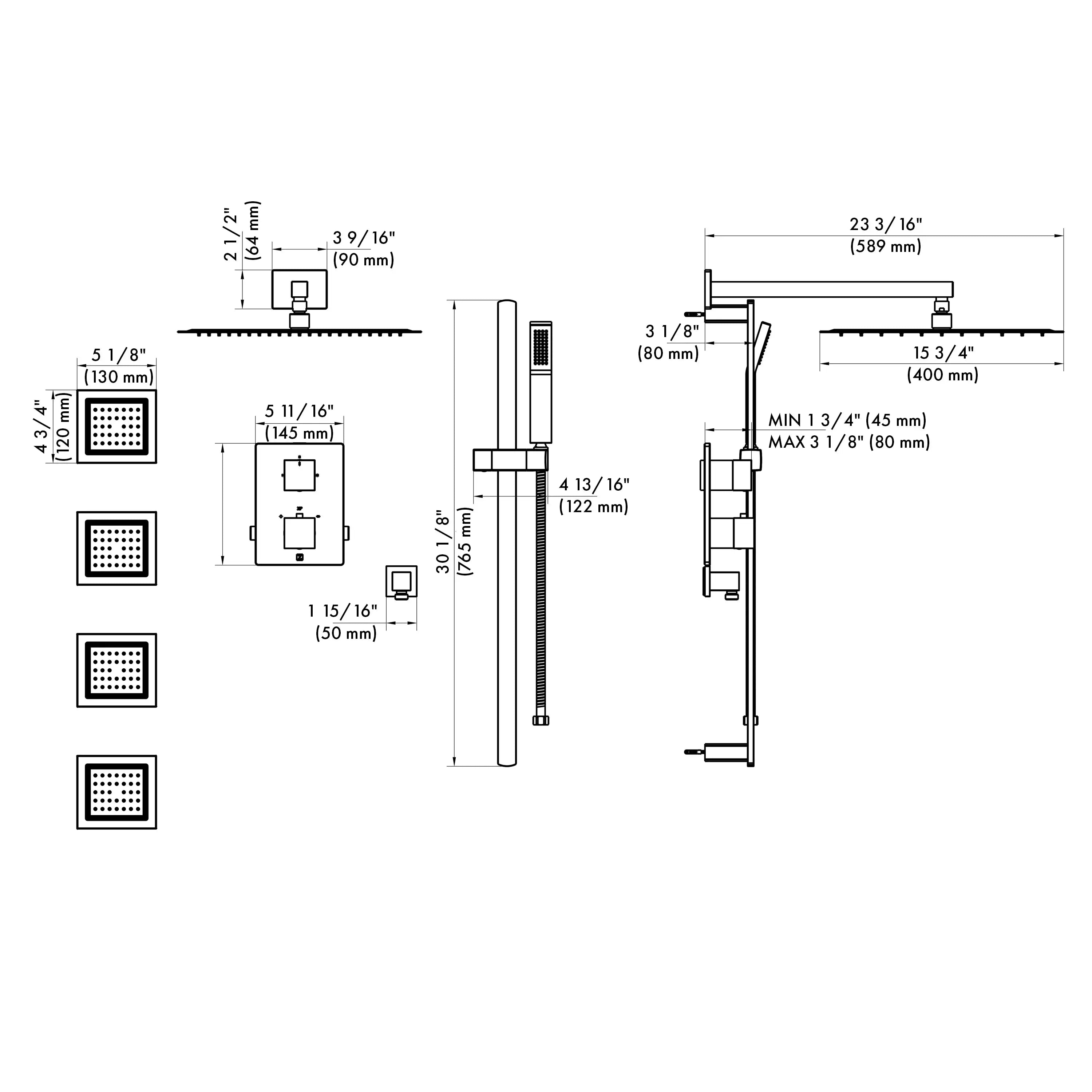Shower system dimension diagram with showerhead, controls, and mounting measurements.