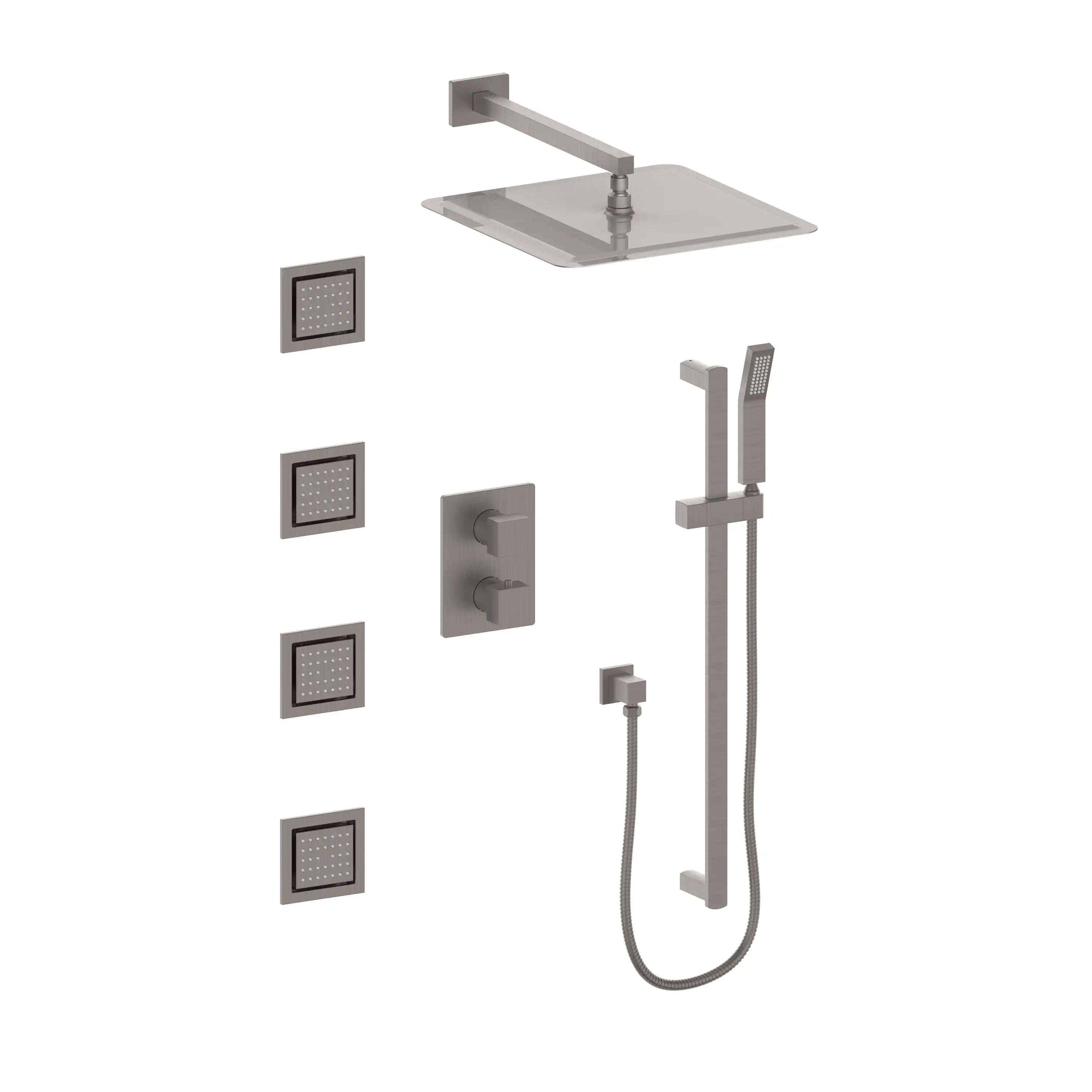 Thermostatic shower set with overhead rain shower, four square body jets, and hand shower rail.