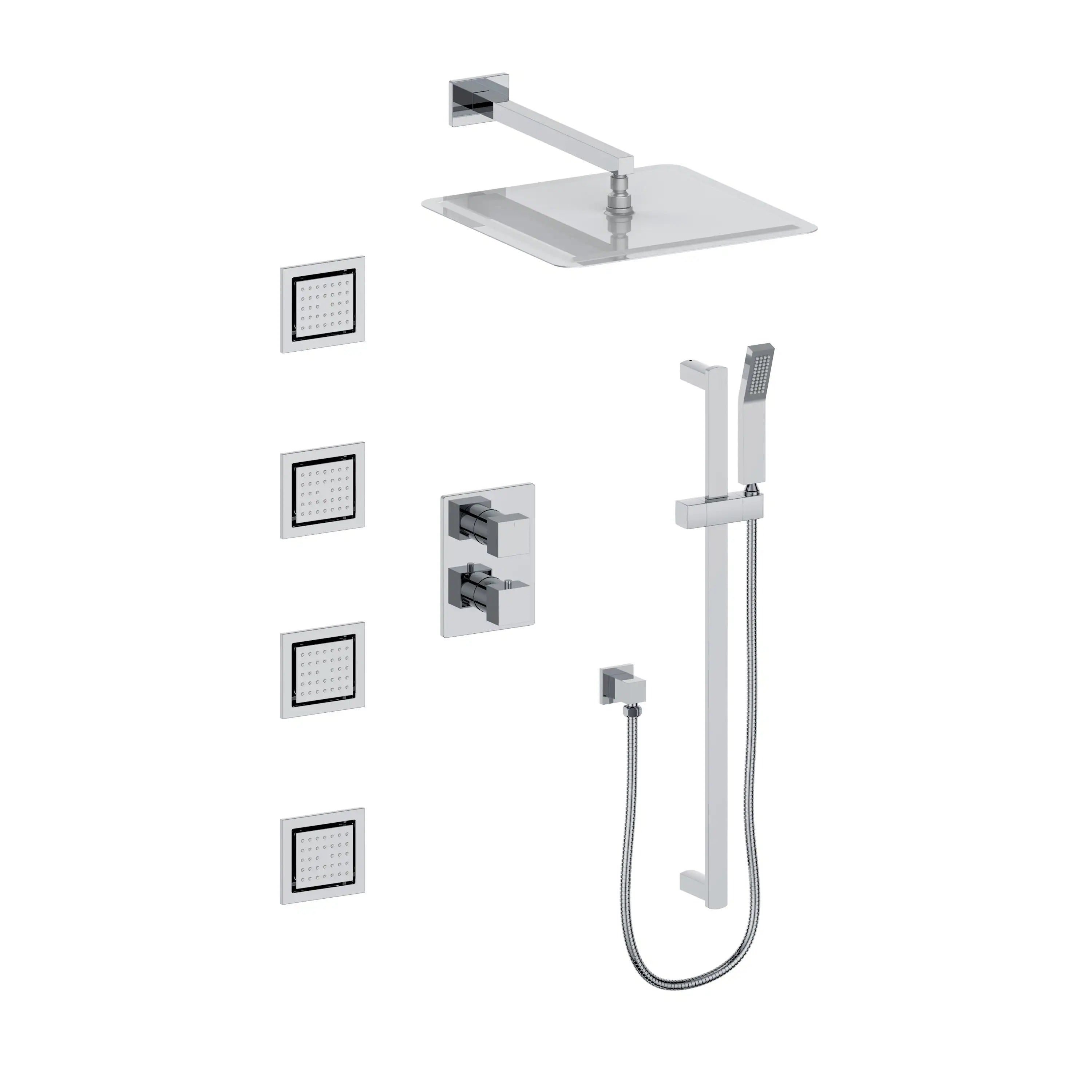 Thermostatic shower system exploded view with ceiling shower head, body jets, and hose