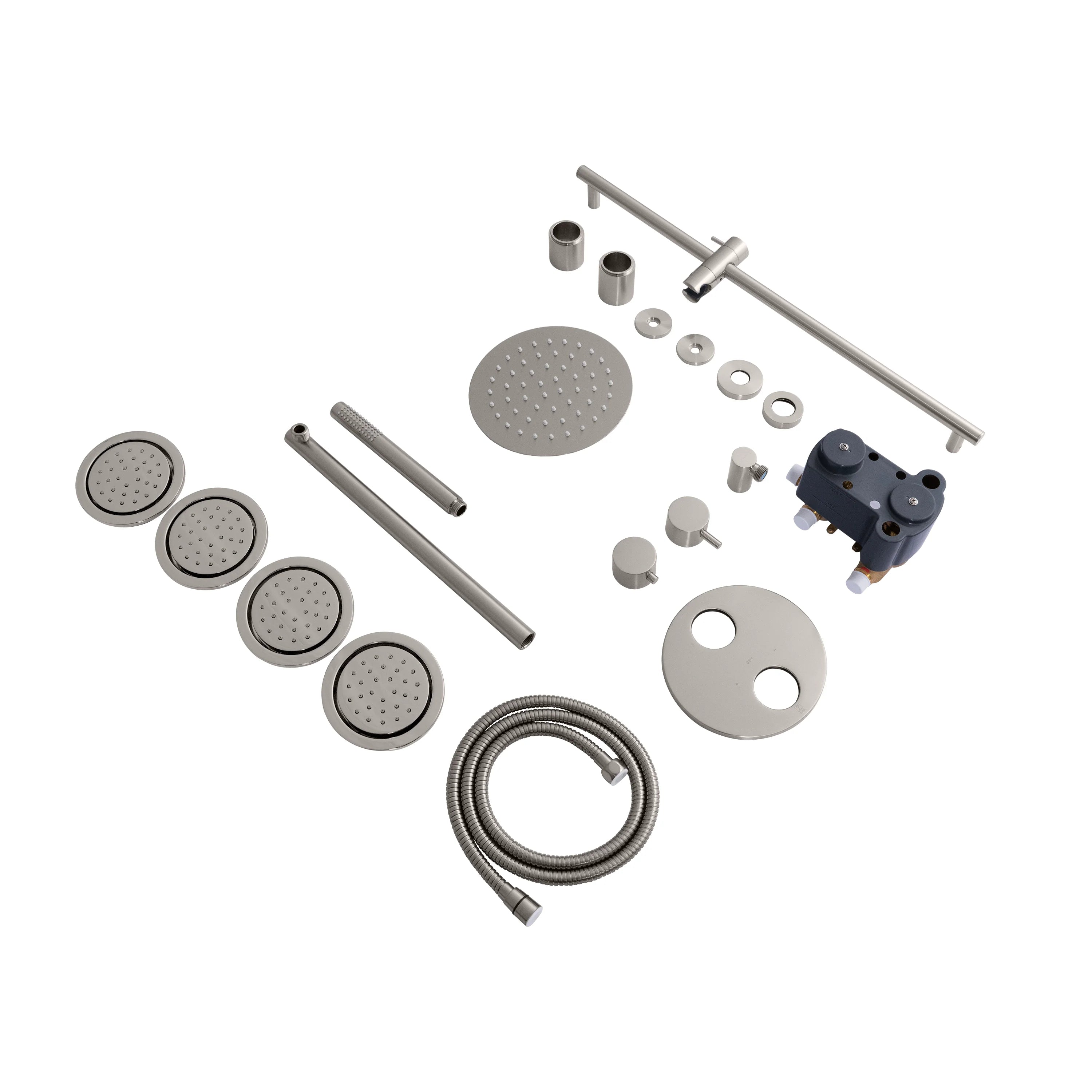 Thermostatic shower system parts kit with spray heads, hose, and mounting hardware