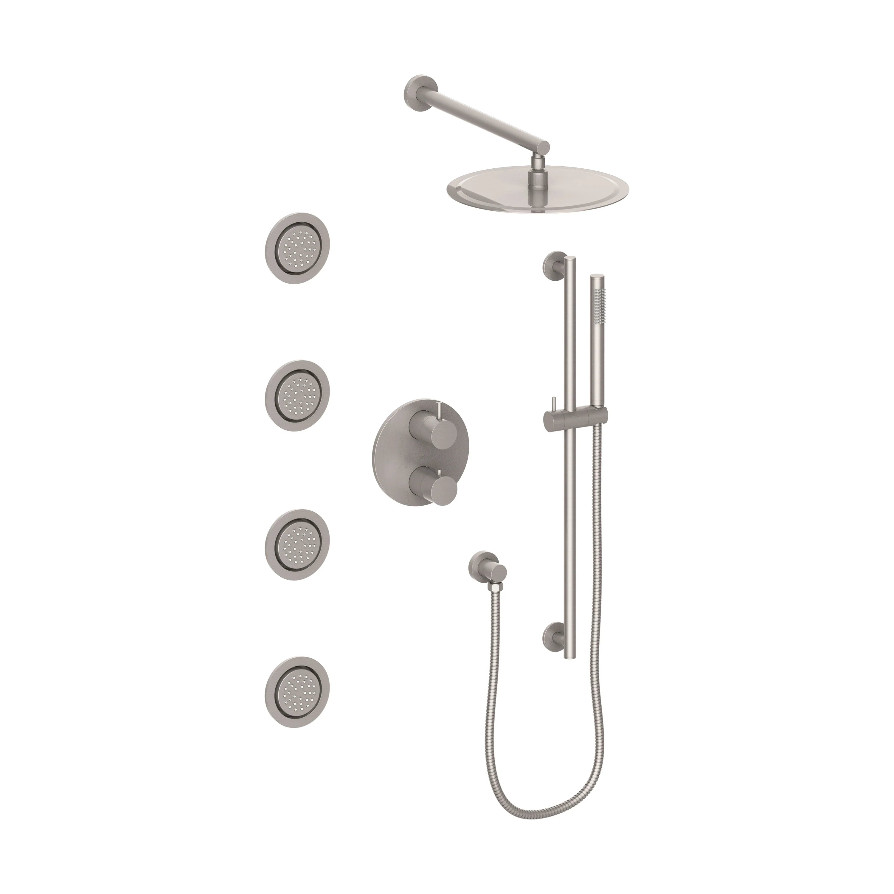 Wall-mounted thermostatic shower set with overhead and body jet spray heads