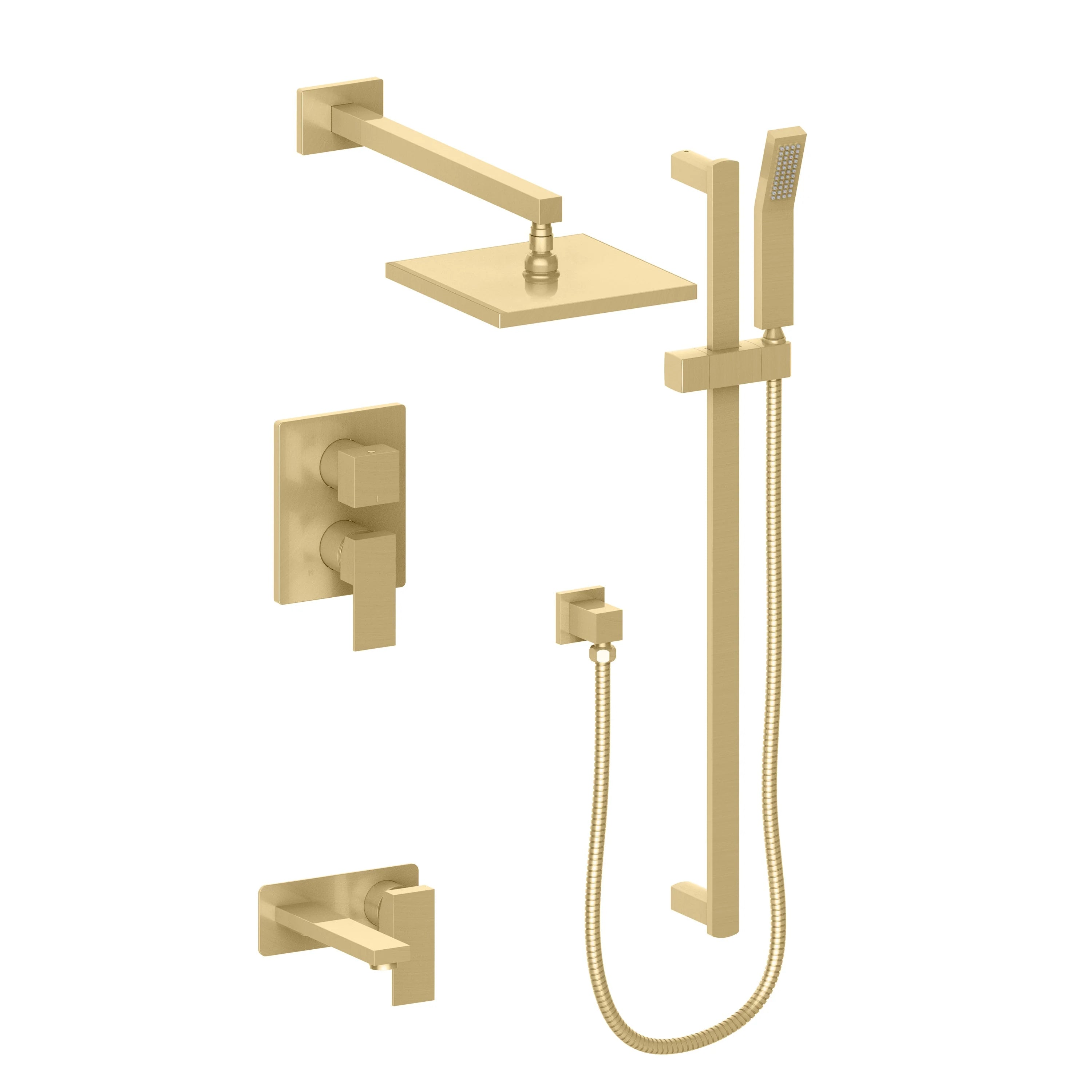 Champagne bronze shower faucet set with wall valves, handheld shower, and flexible hose