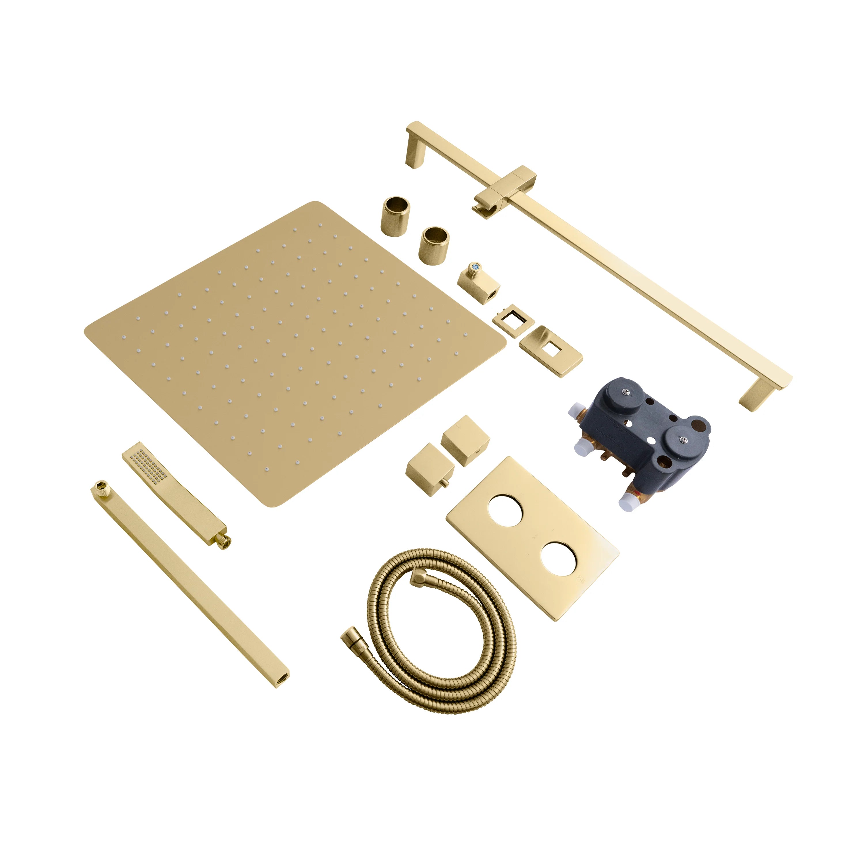 Champagne bronze shower trim kit parts with shower arm, handset, and mounting fittings