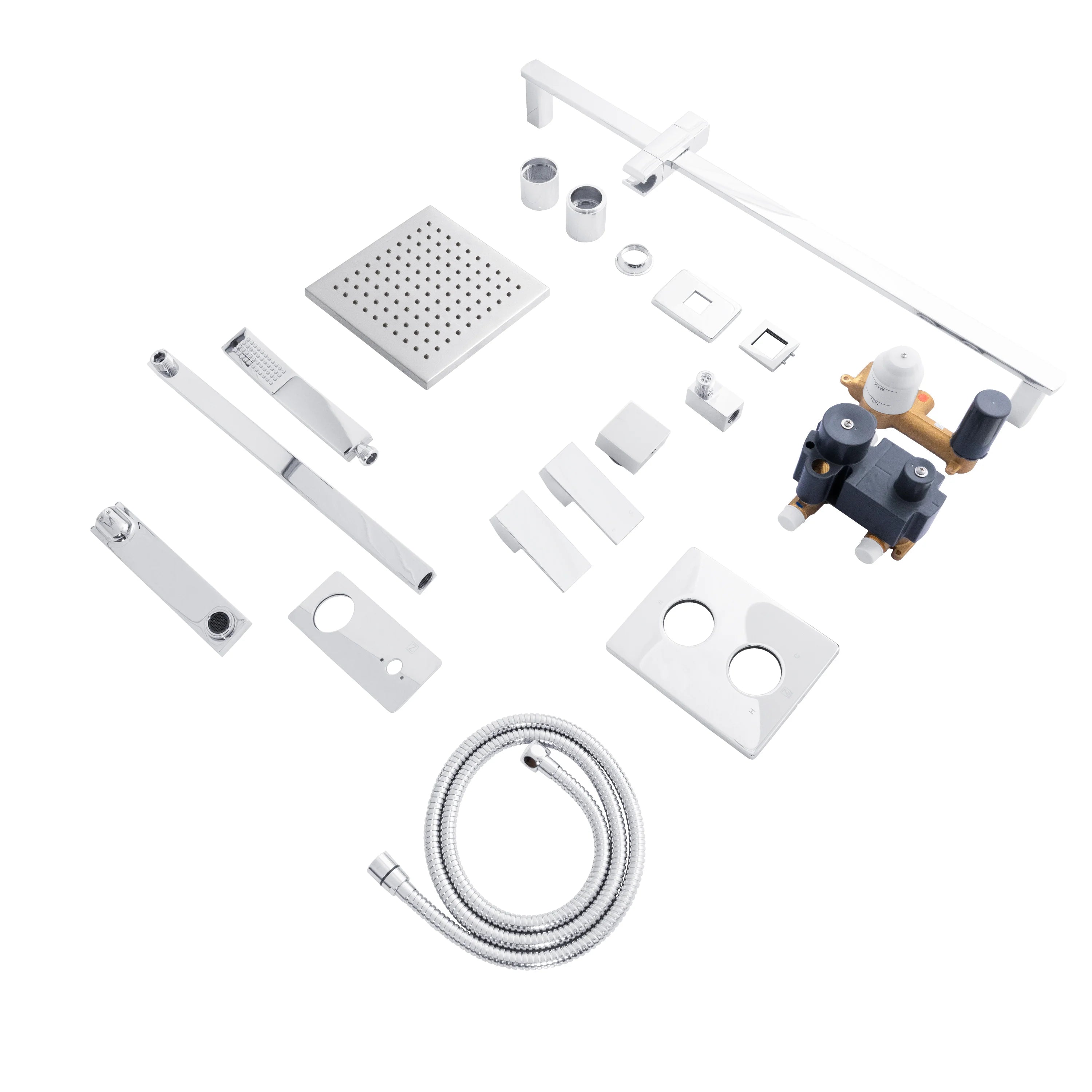 Chrome shower system components: showerhead, mixer, hand shower, hose, and trim parts