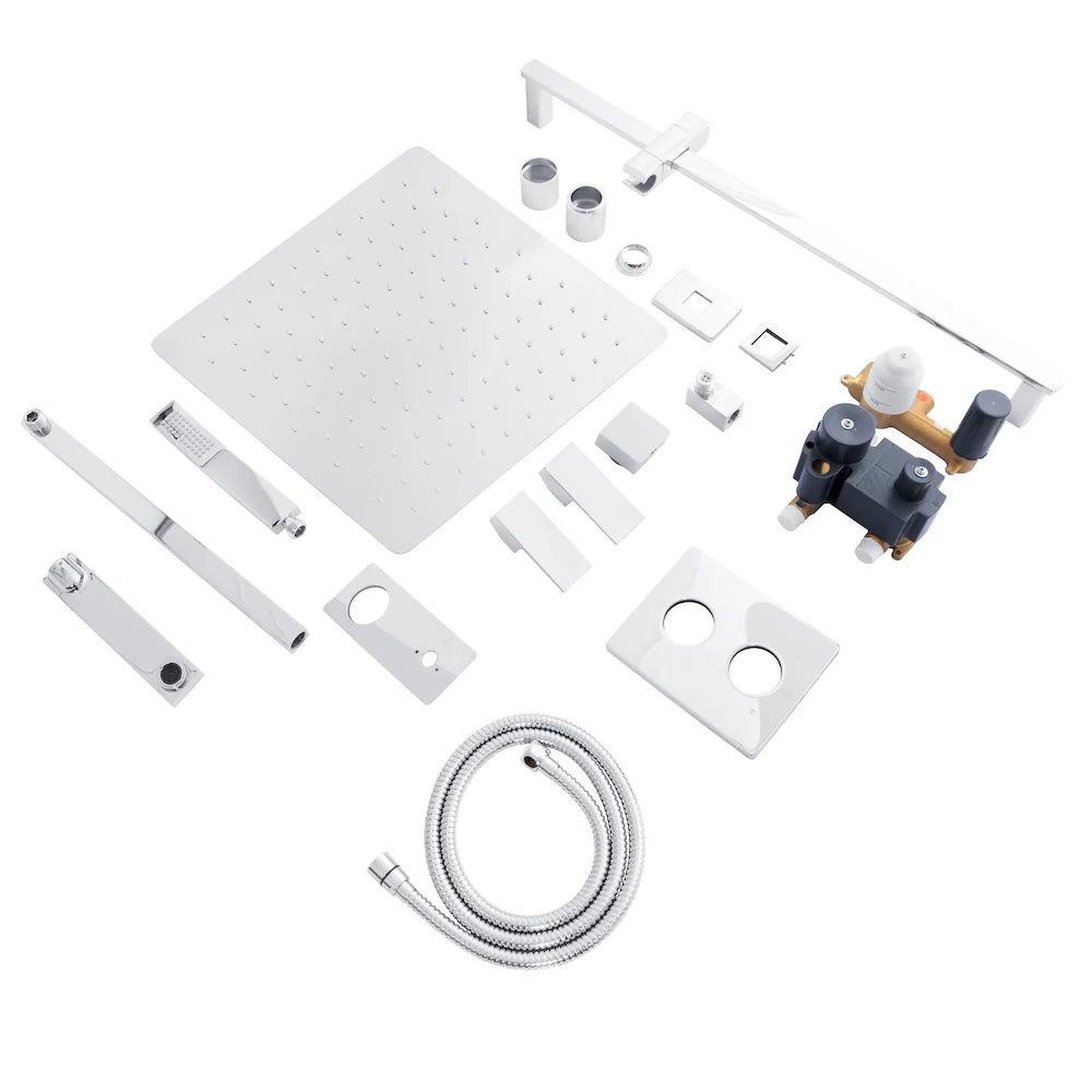 Shower system kit with square rain head, handheld sprayer, hose, and mounting parts.