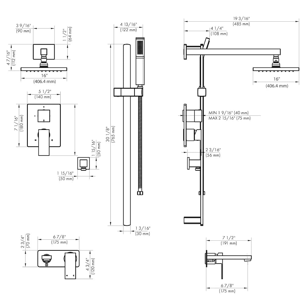 Shower system dimension diagram showing rain head and valve components.